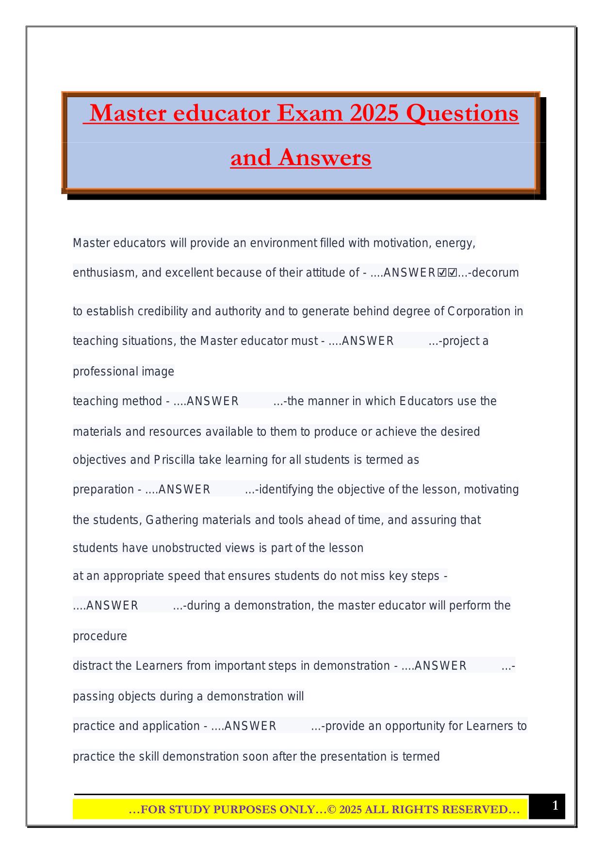 Master educator Exam 2025 Questions and Answers