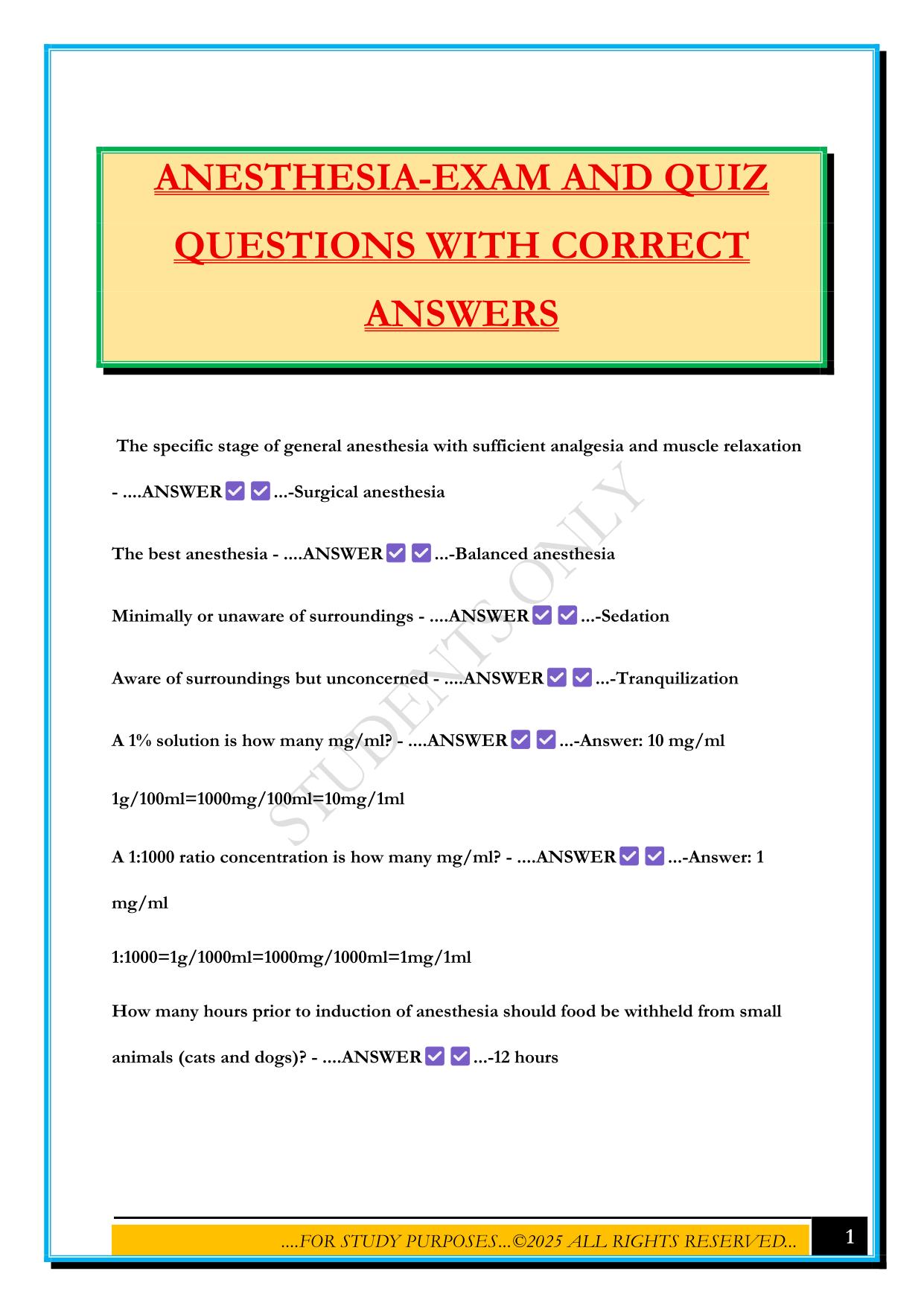 ANESTHESIA-EXAM AND QUIZ QUESTIONS WITH CORRECT ANSWERS