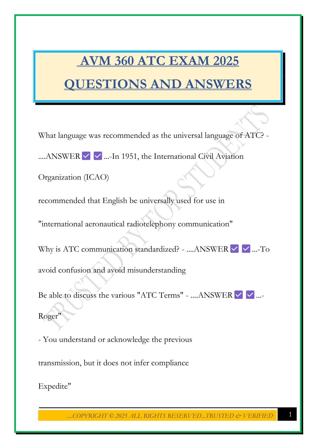 AVM 360 ATC EXAM 2025 QUESTIONS AND ANSWERS