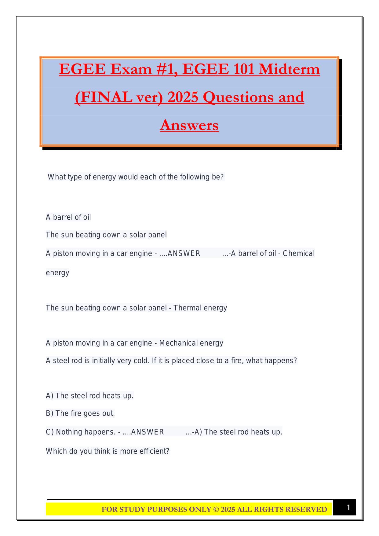 EGEE Exam #1, EGEE 101 Midterm (FINAL ver) 2025 Questions and Answers