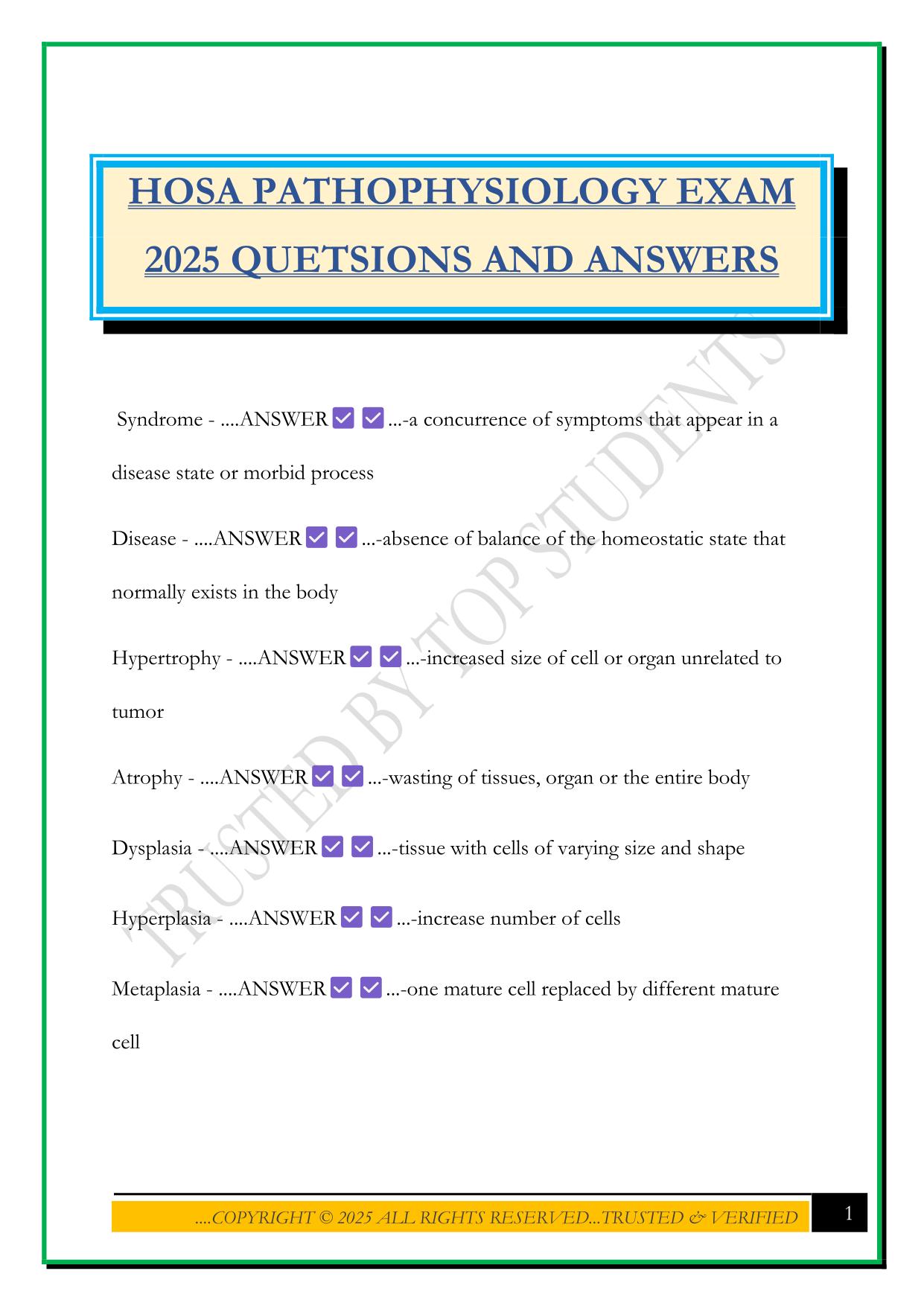 HOSA PATHOPHYSIOLOGY EXAM 2025 QUETSIONS AND ANSWERS