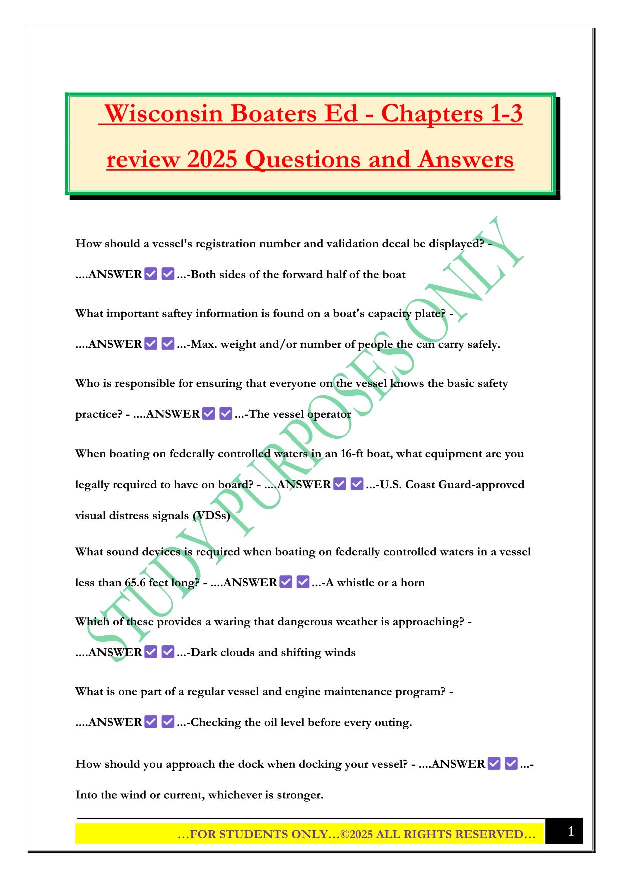 Wisconsin Boaters Ed - Chapters 1-3 review 2025 Questions and Answers