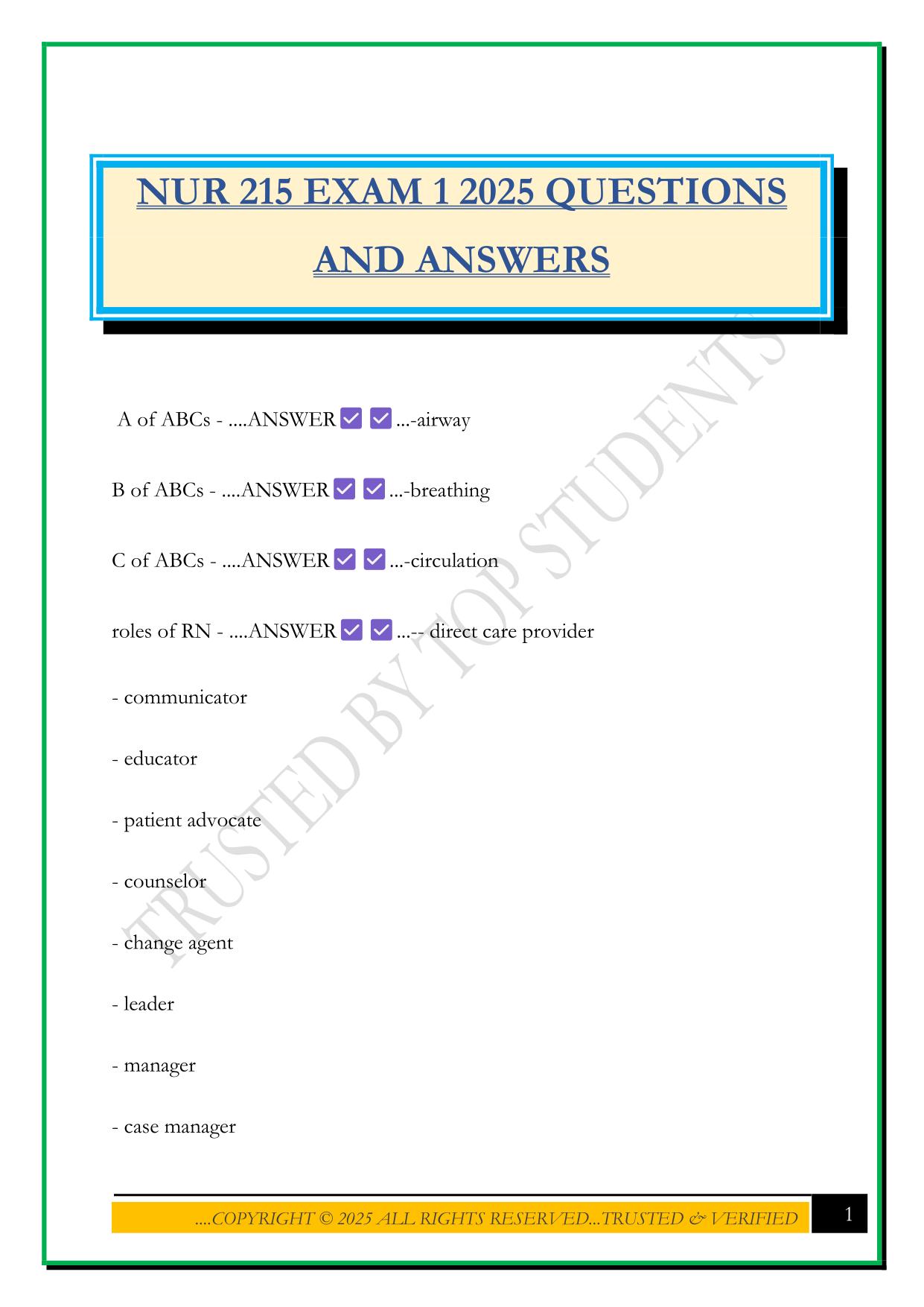 NUR 215 EXAM 1 2025 QUESTIONS AND ANSWERS