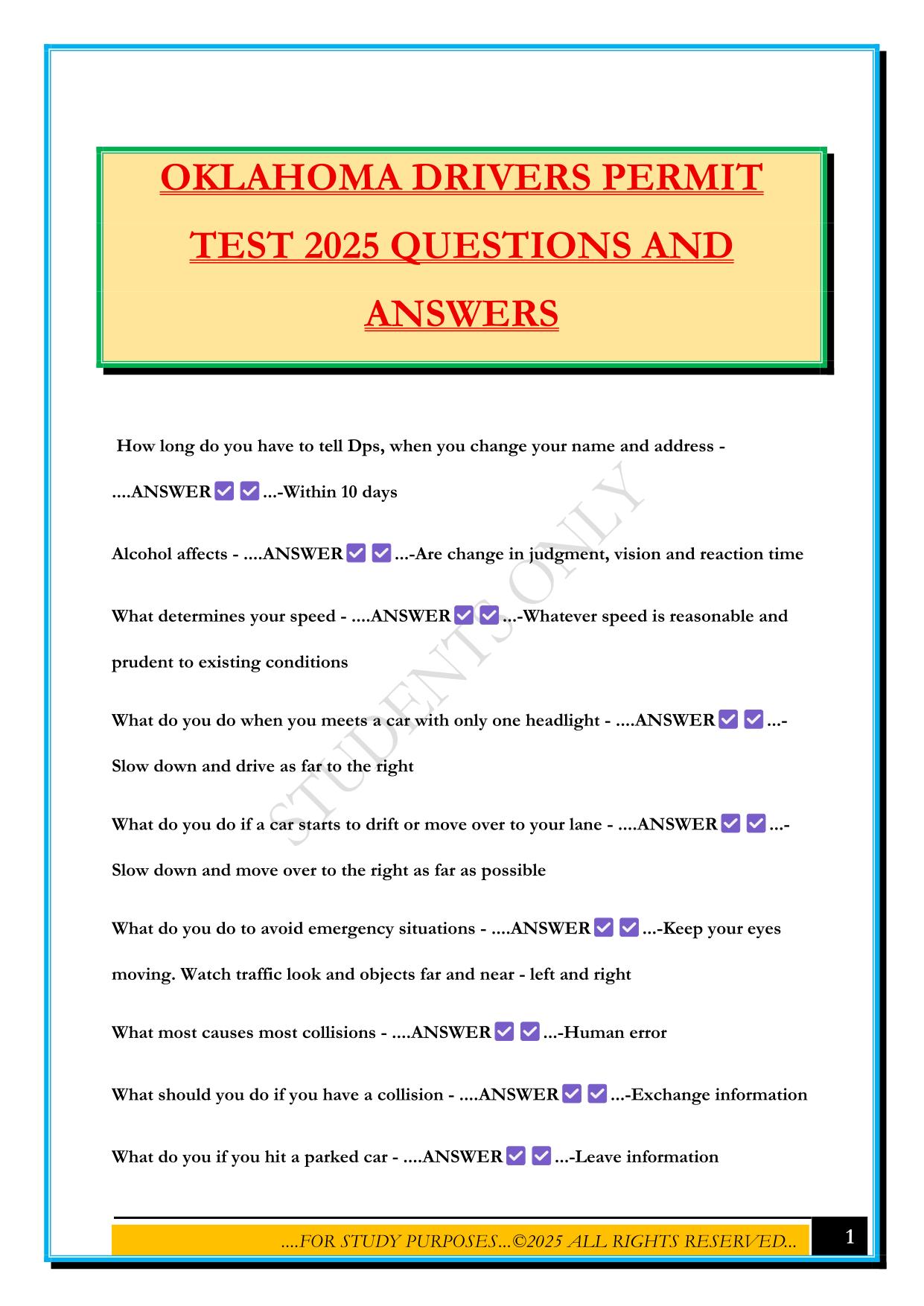 OKLAHOMA DRIVERS PERMIT TEST 2025 QUESTIONS AND ANSWERS