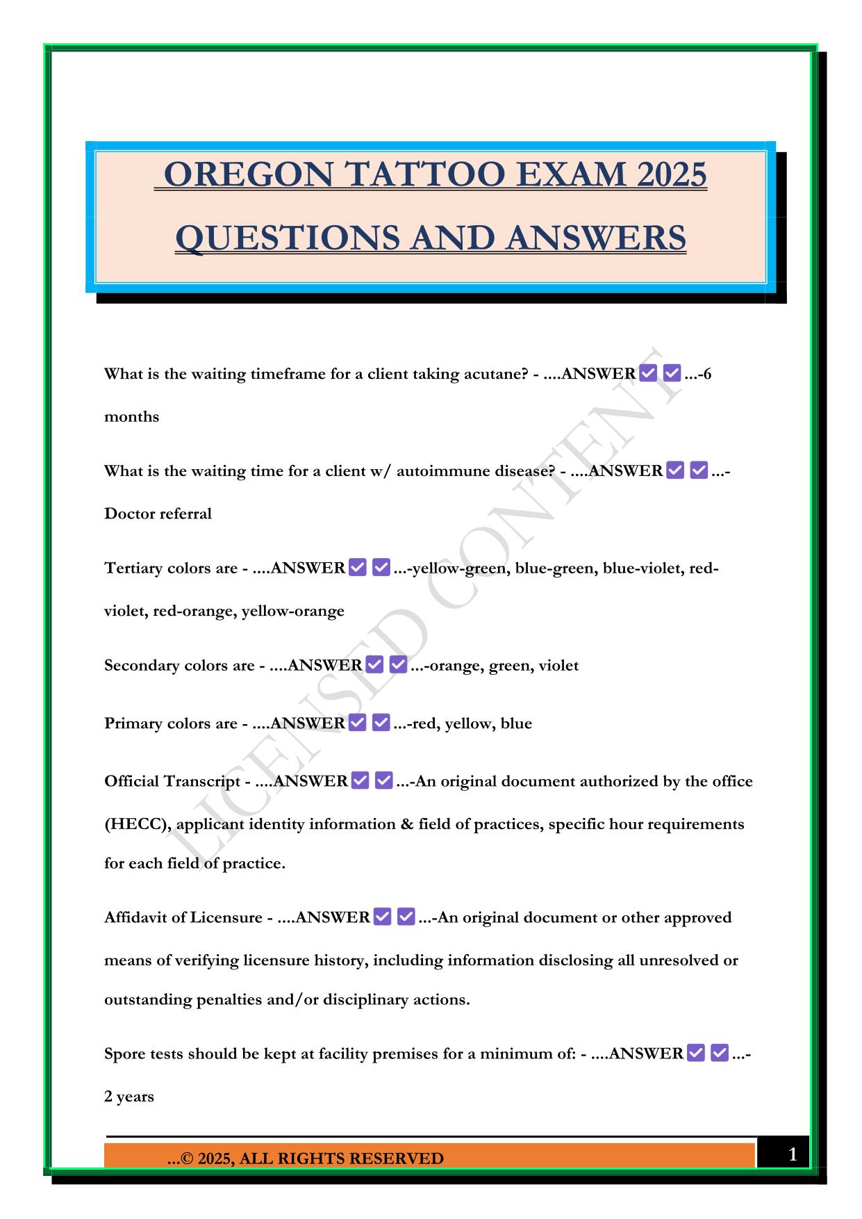 OREGON TATTOO EXAM 2025 QUESTIONS AND ANSWERS