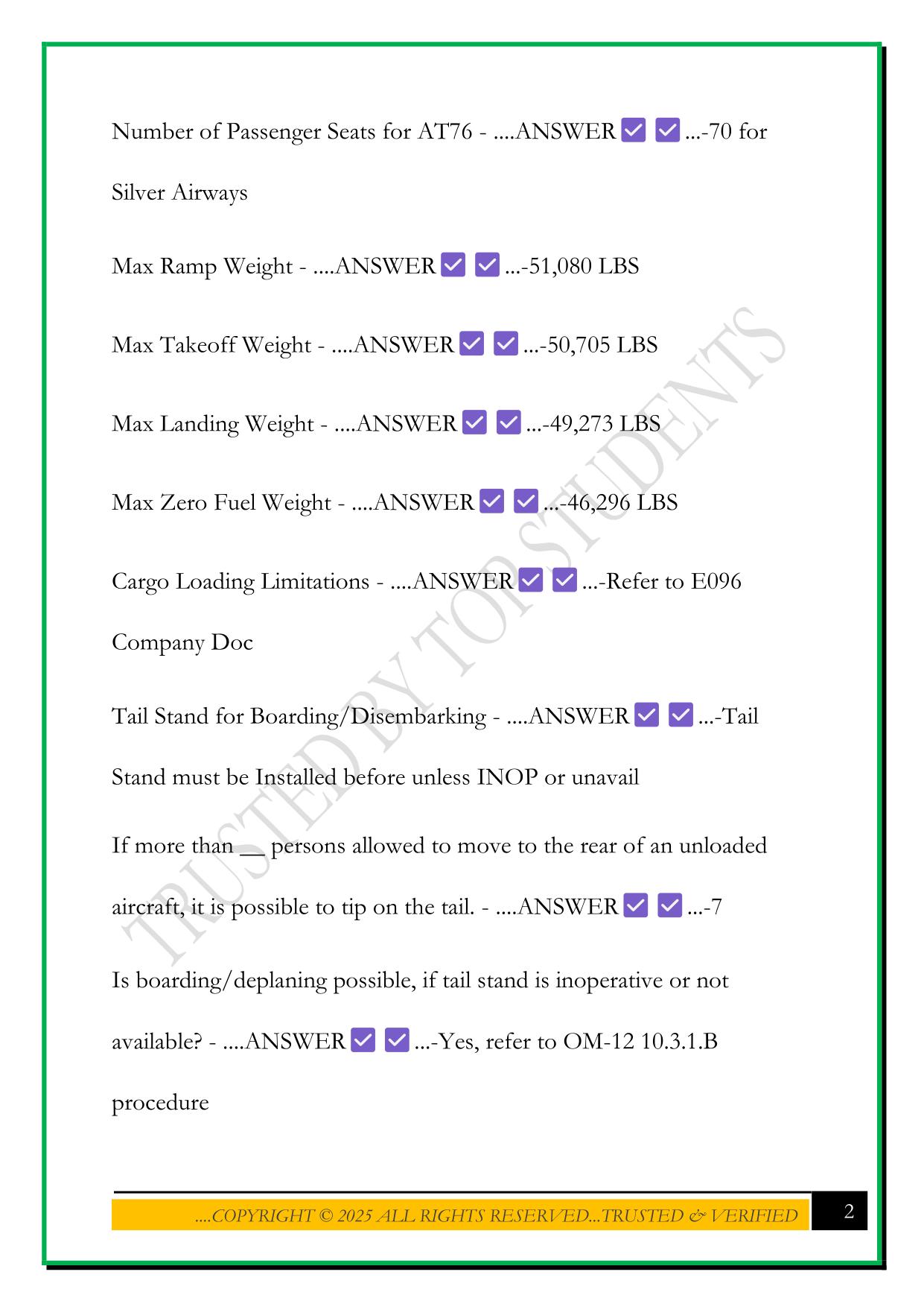 SILVER AIRWAYS ATR 72-600 LIMITATIONS EXAM 2025 QUESTIONS AND ANSWERS