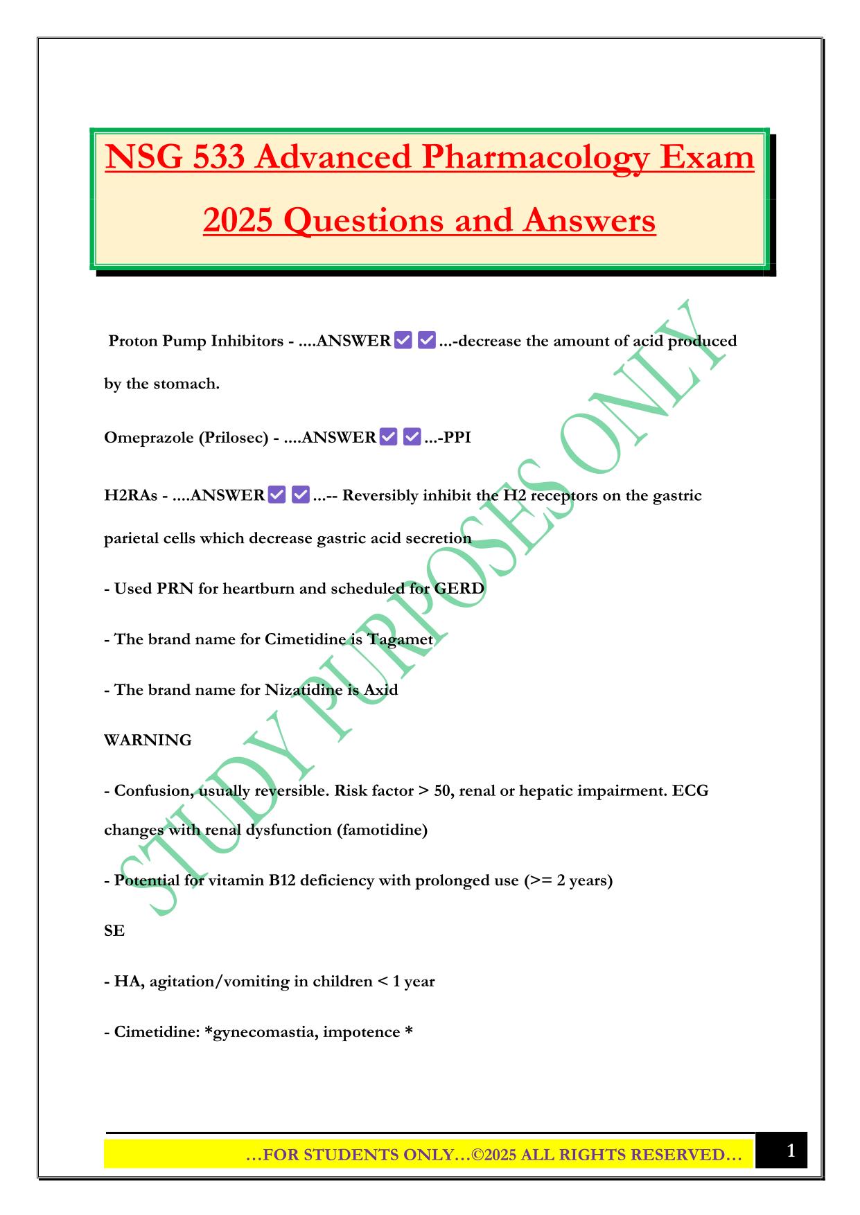 NSG 533 Advanced Pharmacology Exam 2025 Questions and Answers