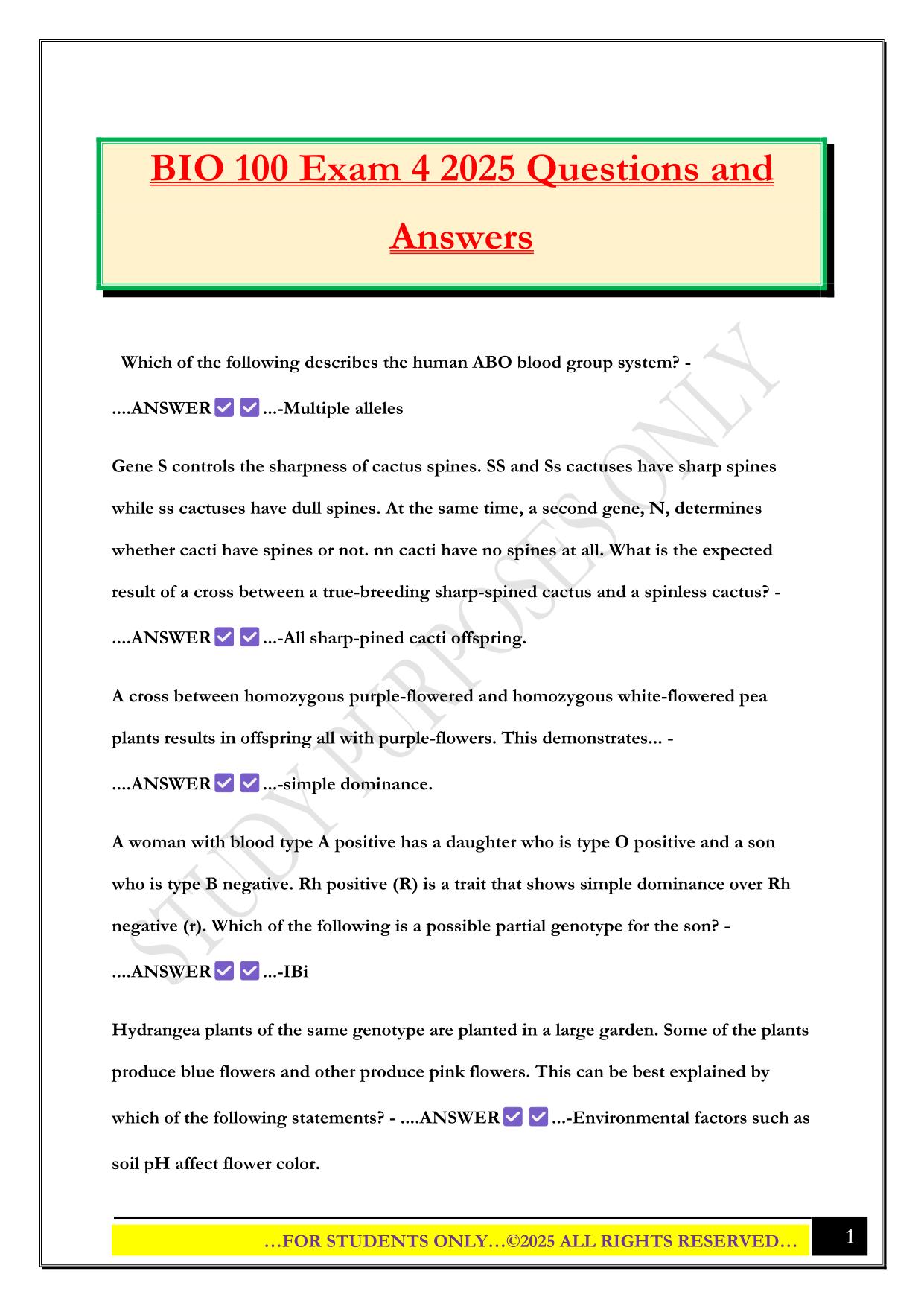 BIO 100 Exam 4 2025 Questions and Answers