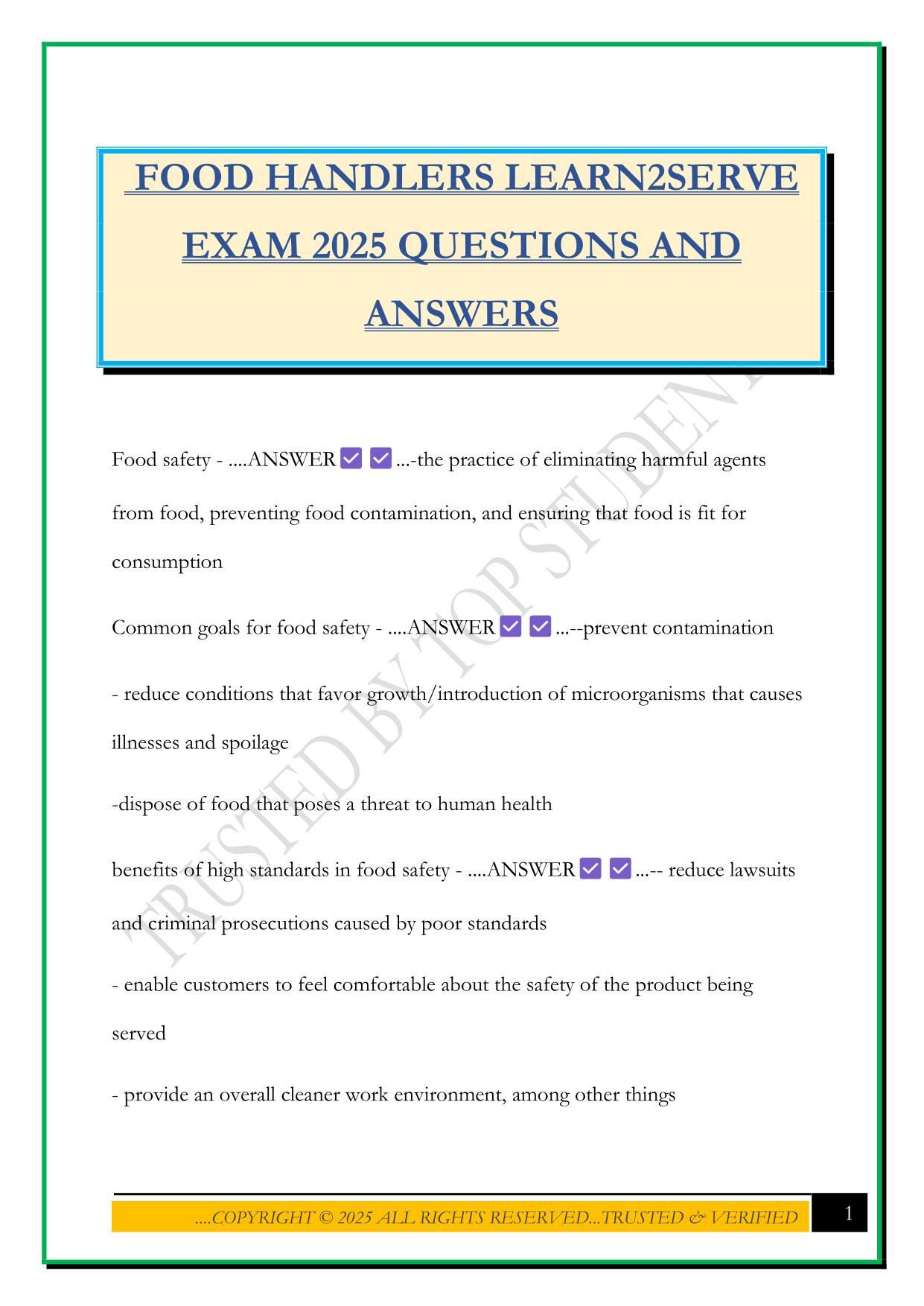 FOOD HANDLERS LEARN2SERVE EXAM 2025 QUESTIONS AND ANSWERS
