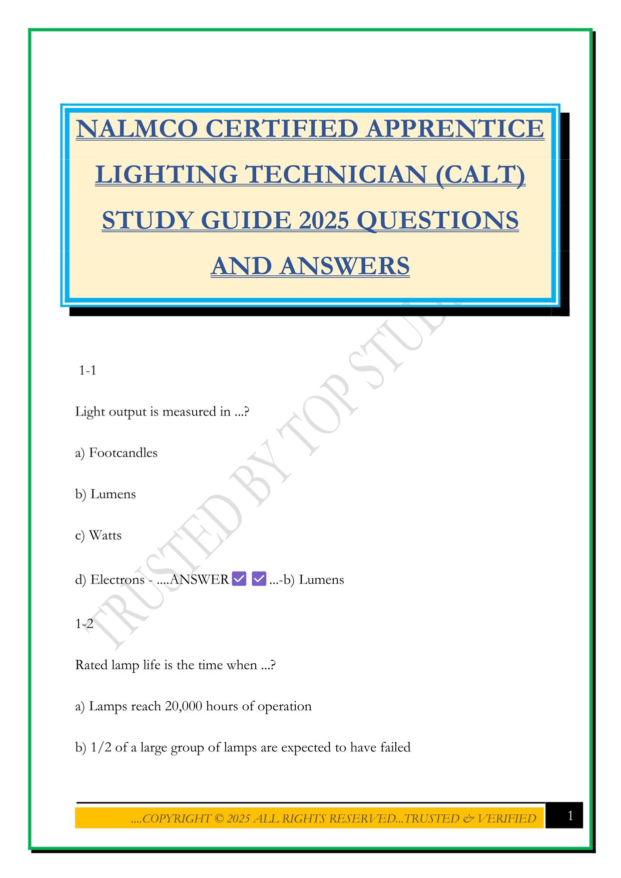 NALMCO CERTIFIED APPRENTICE LIGHTING TECHNICIAN (CALT) STUDY GUIDE 2025 QUESTIONS AND ANSWERS