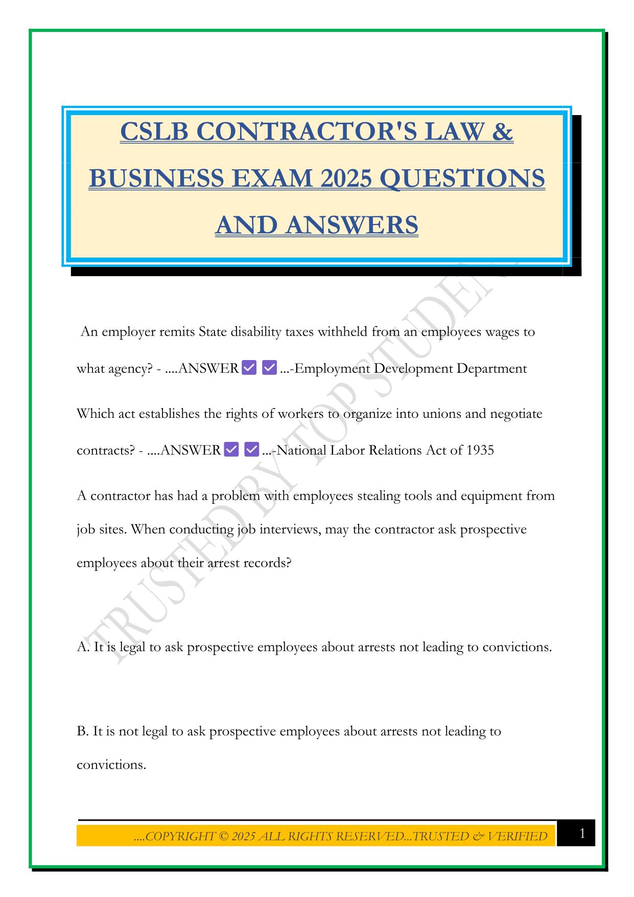 CSLB CONTRACTOR'S LAW & BUSINESS EXAM 2025 QUESTIONS AND ANSWERS