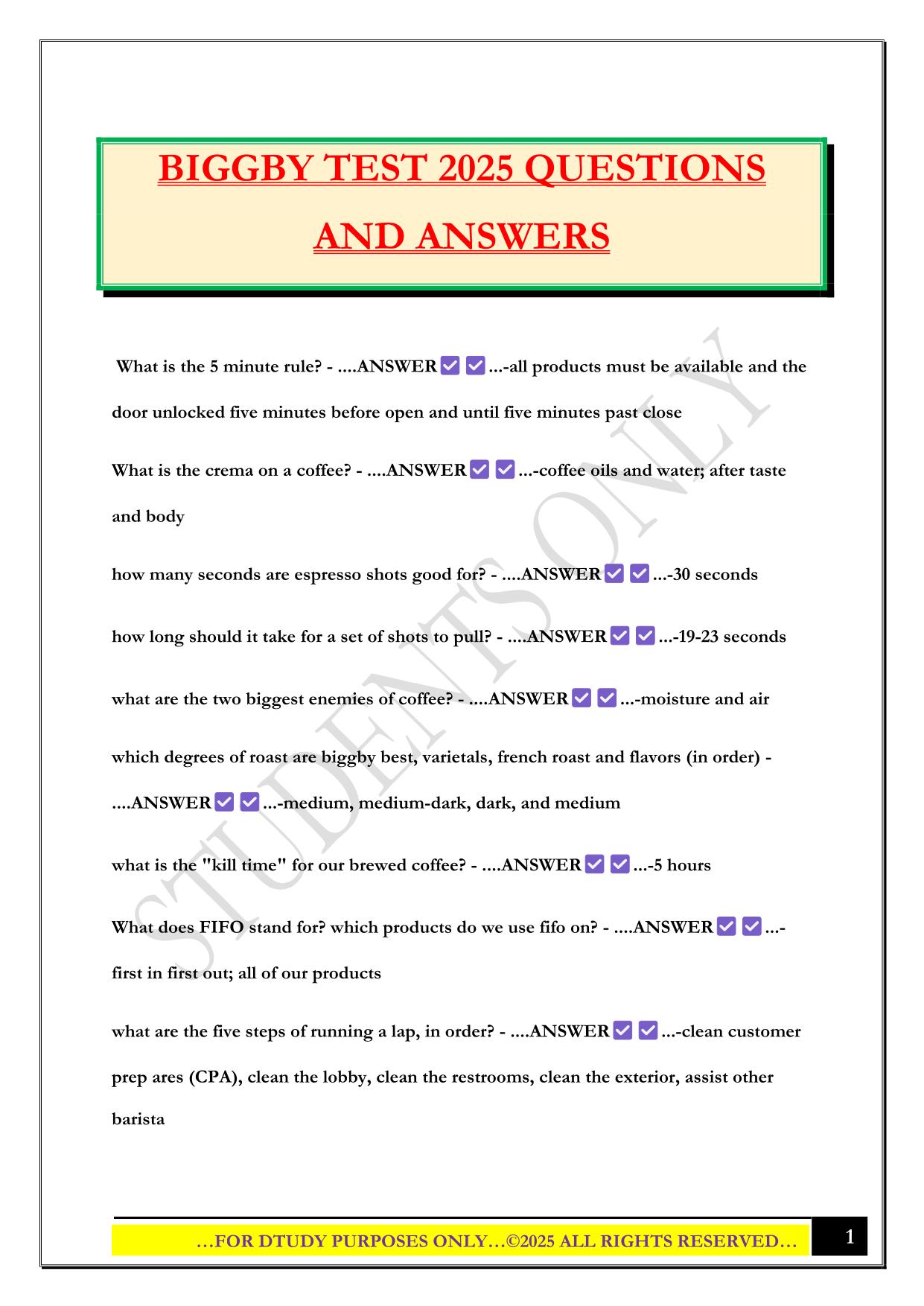 BIGGBY TEST 2025 QUESTIONS AND ANSWERS