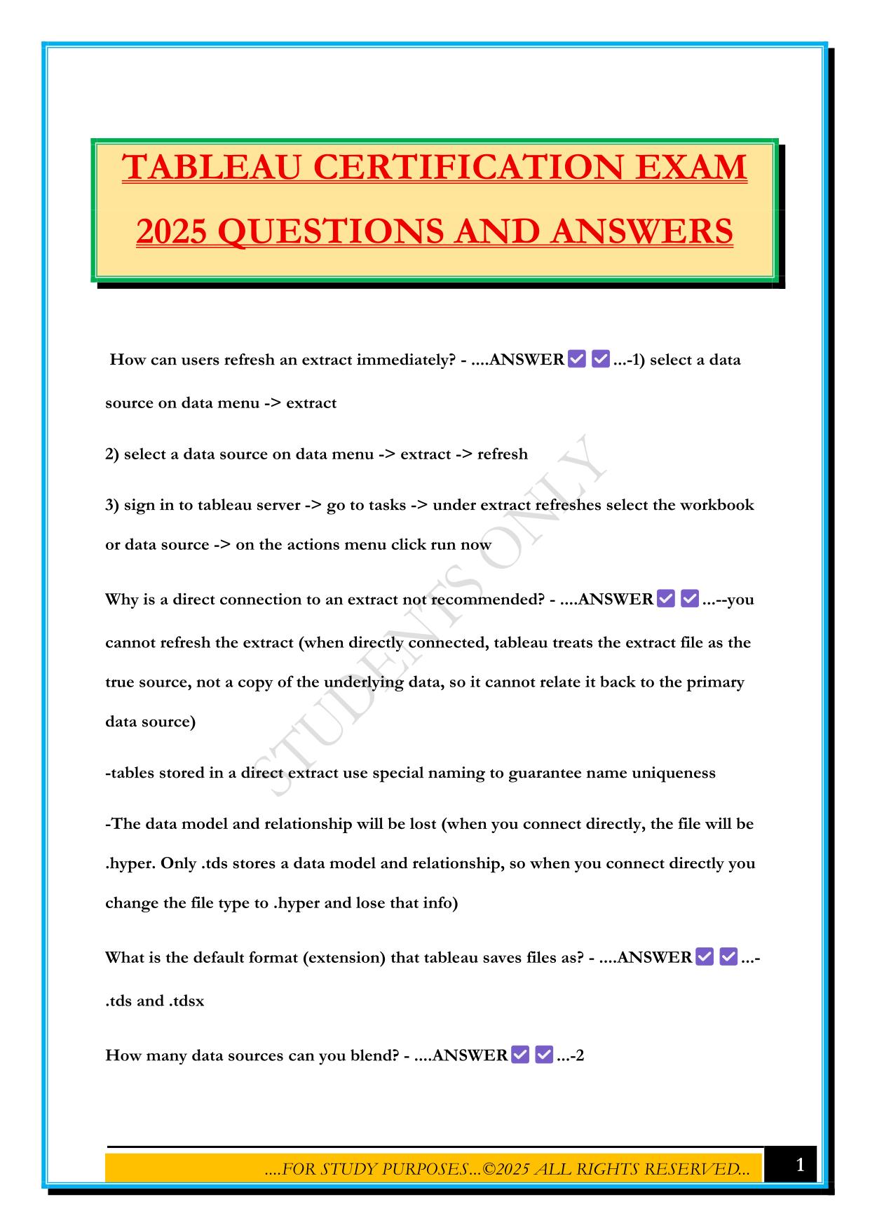 TABLEAU CERTIFICATION EXAM 2025 QUESTIONS AND ANSWERS