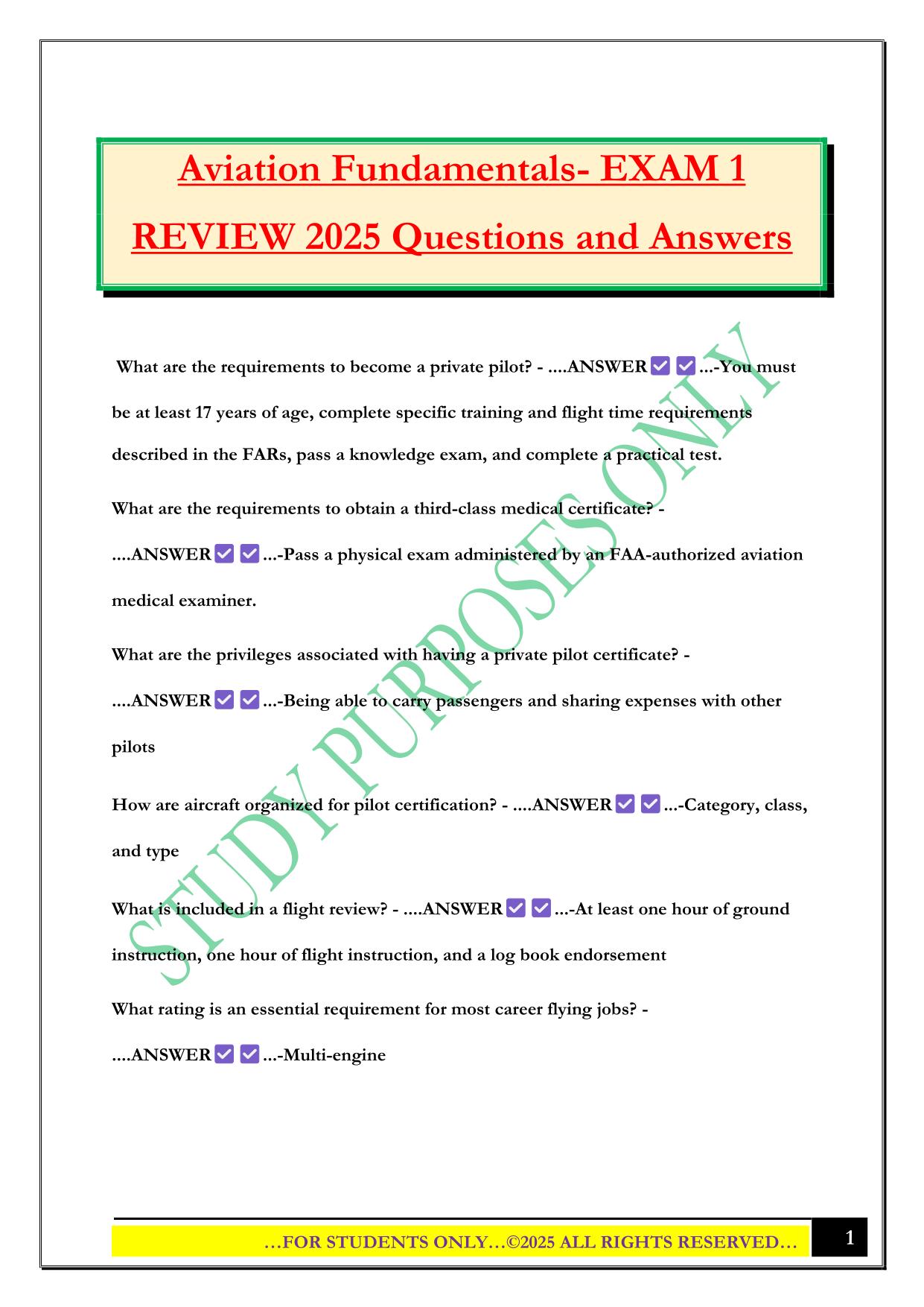 Aviation Fundamentals- EXAM 1 REVIEW 2025 Questions and Answers