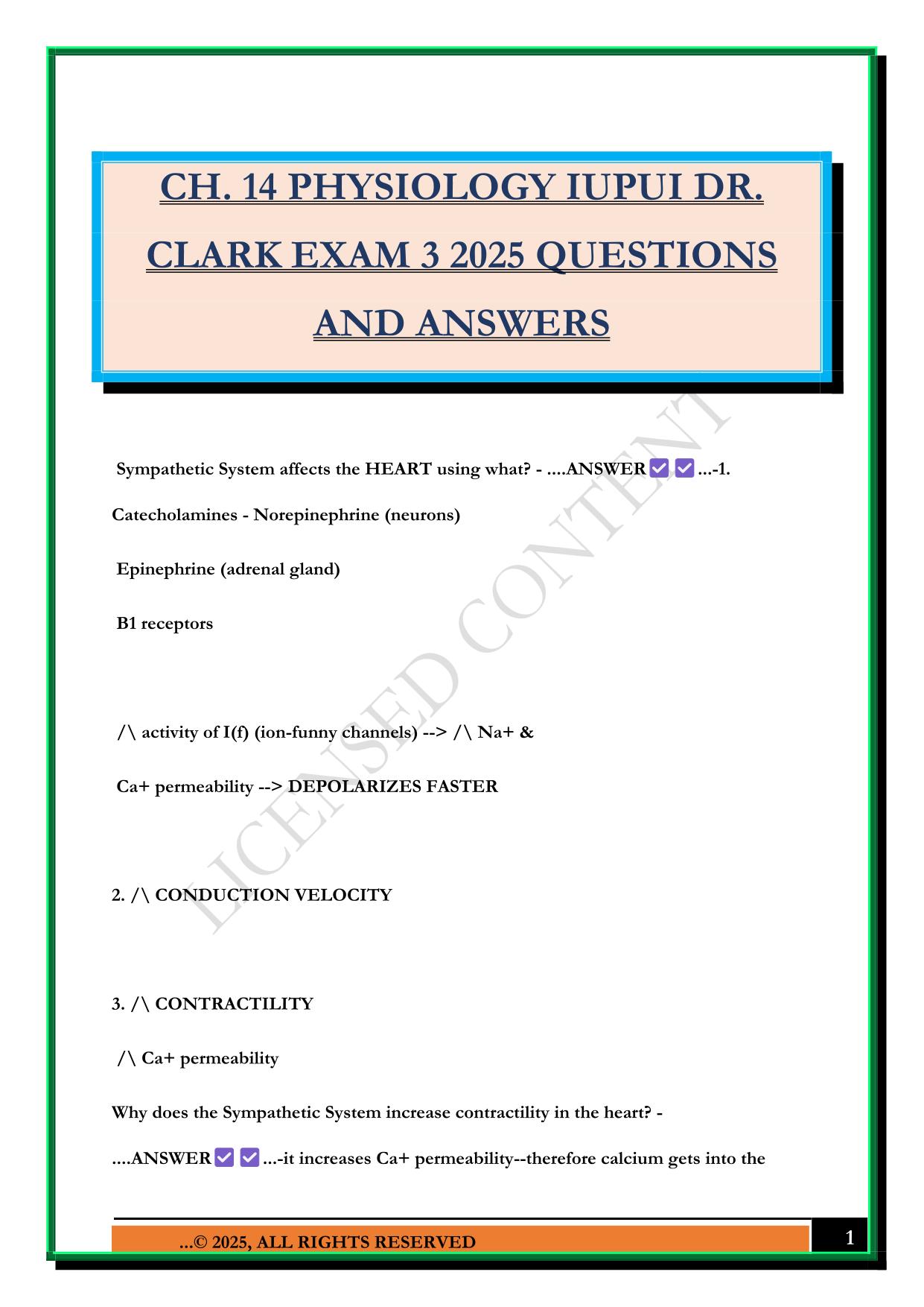 CH. 14 PHYSIOLOGY IUPUI DR. CLARK EXAM 3 2025 QUESTIONS AND ANSWERS