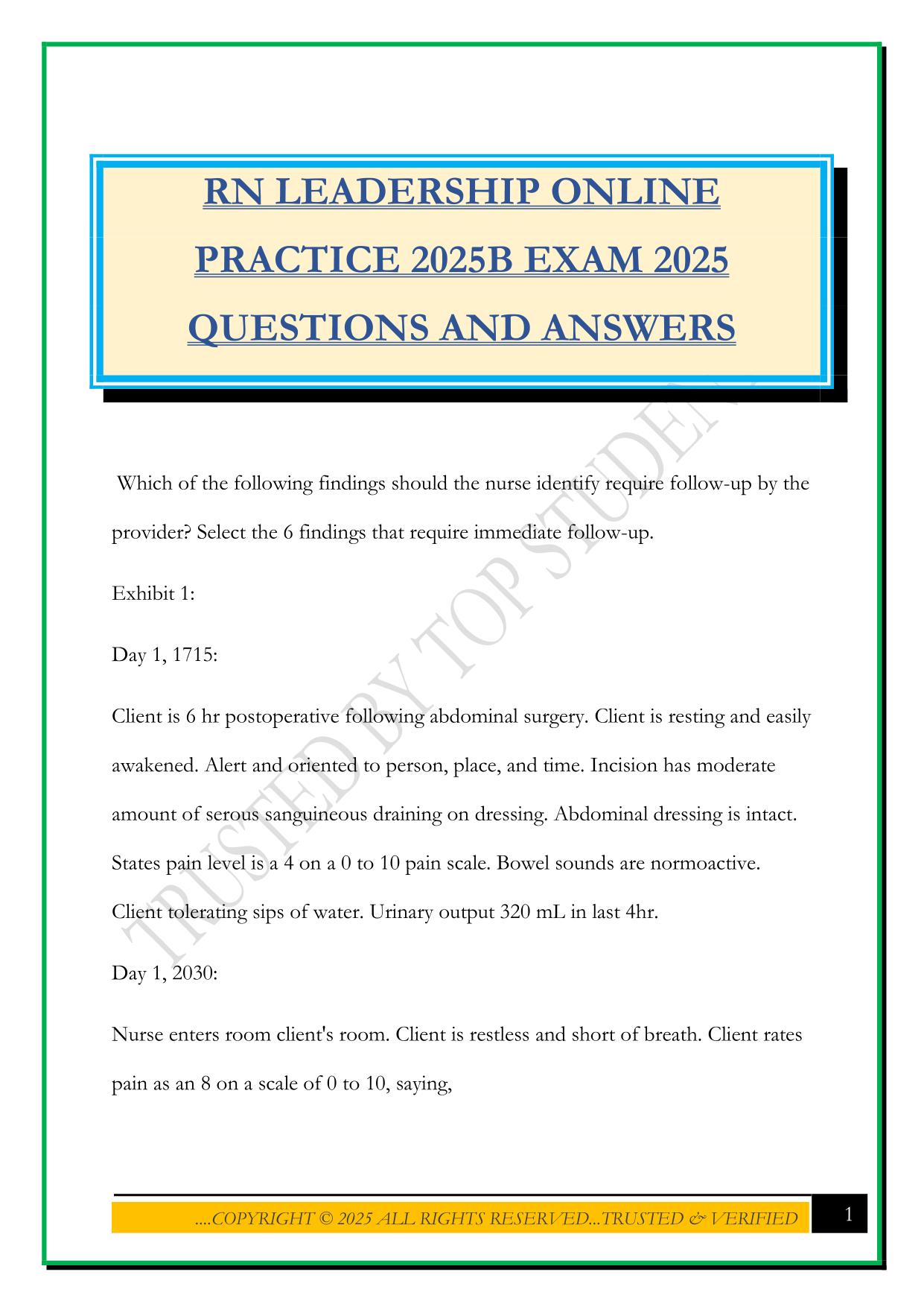 RN LEADERSHIP ONLINE PRACTICE 2025B EXAM 2025 QUESTIONS AND ANSWERS