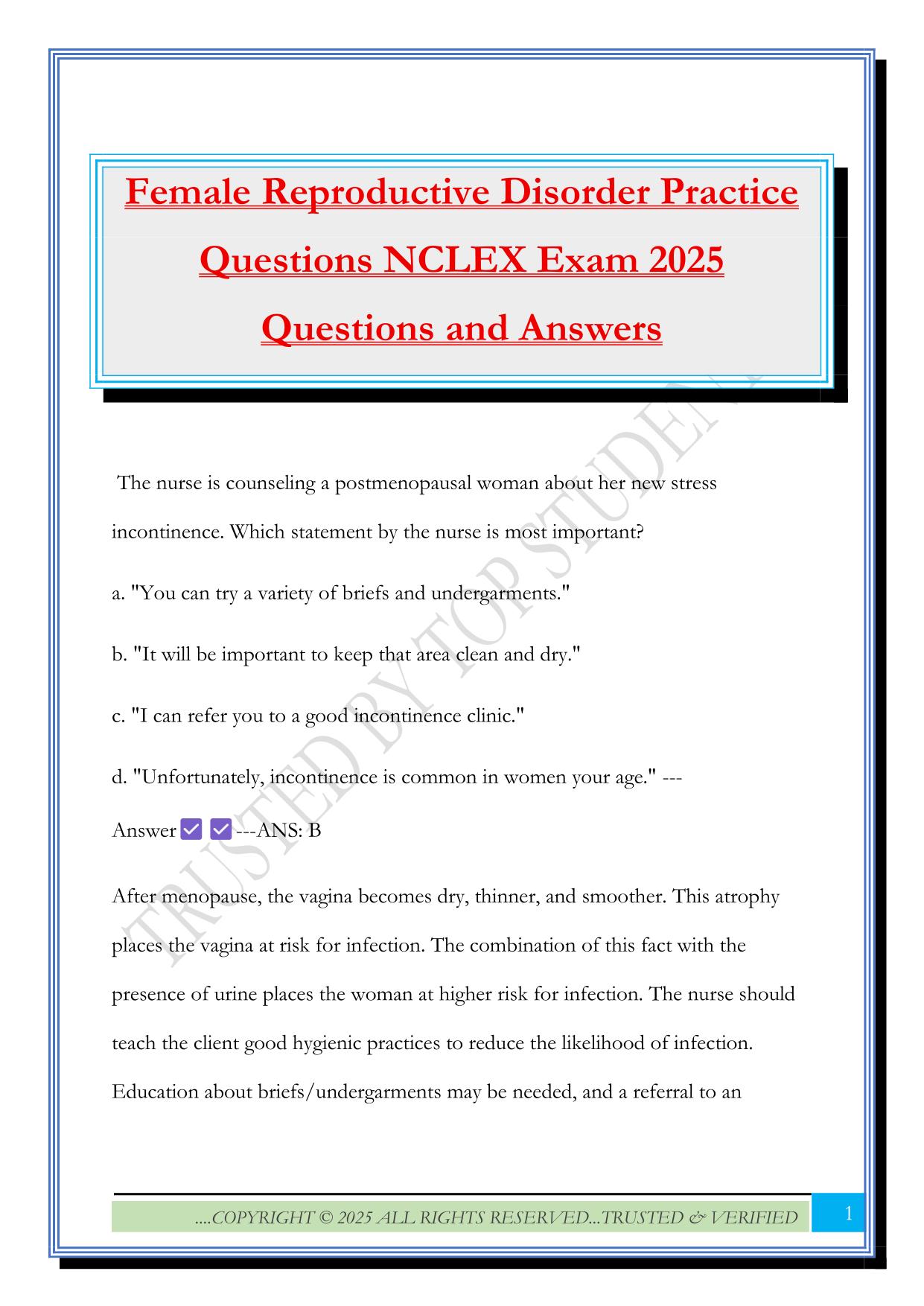 Female Reproductive Disorder Practice Questions NCLEX Exam 2025 Questions and Answers