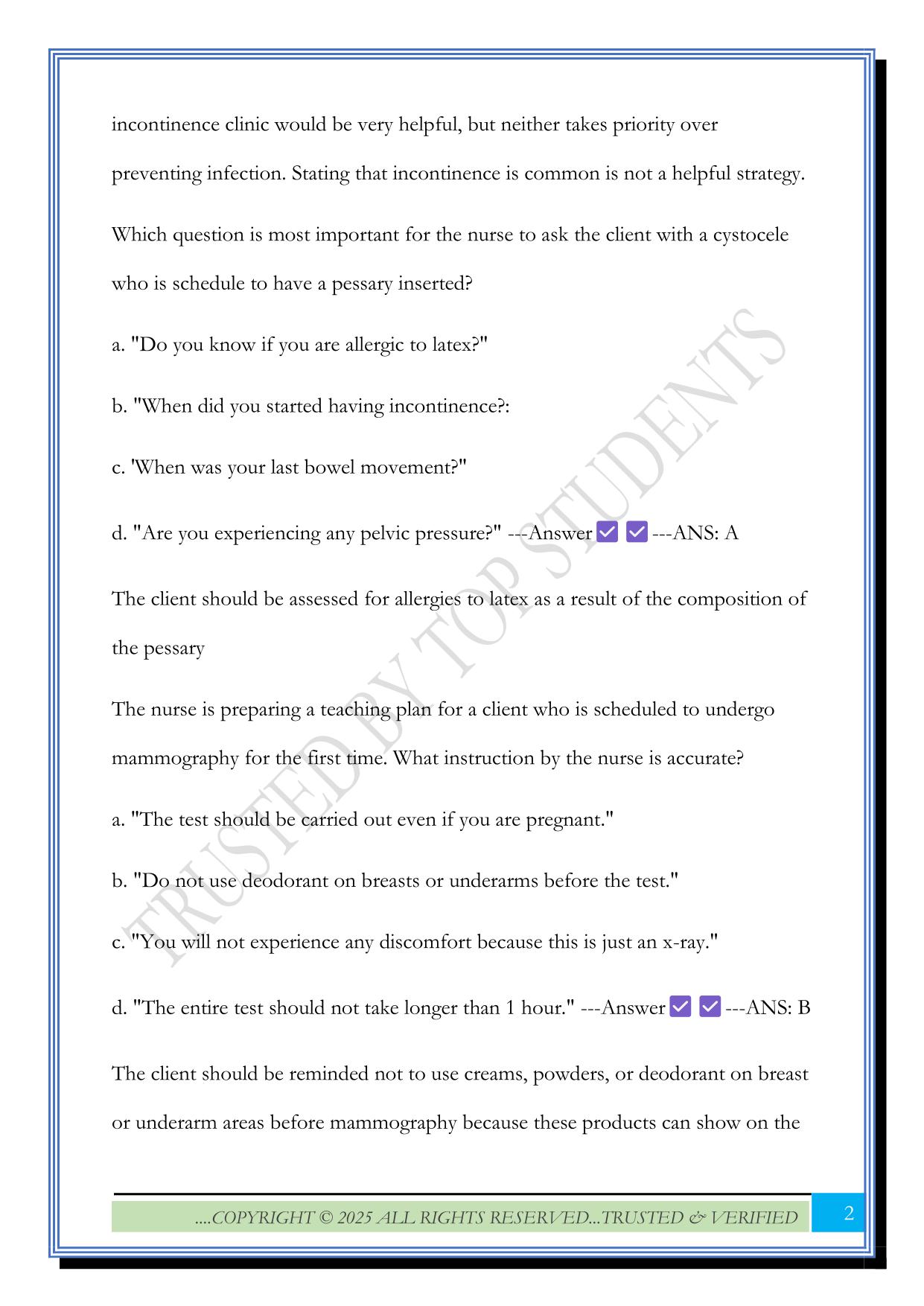 Female Reproductive Disorder Practice Questions NCLEX Exam 2025 Questions and Answers