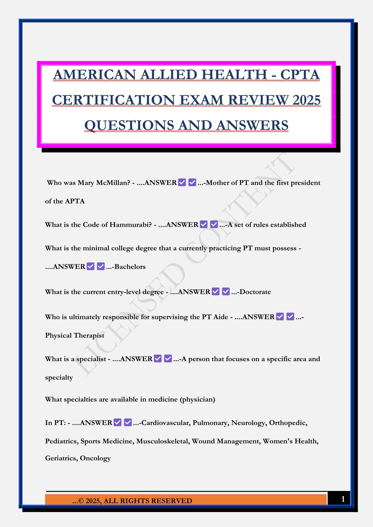 AMERICAN ALLIED HEALTH - CPTA CERTIFICATION EXAM REVIEW 2025 QUESTIONS AND ANSWERS
