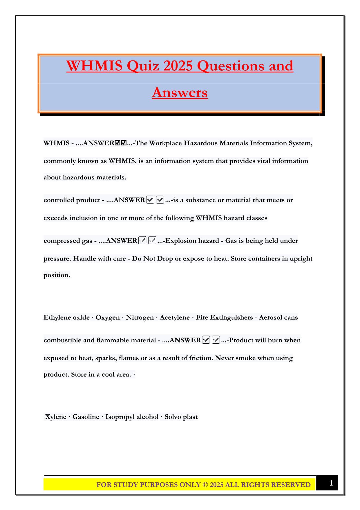 WHMIS Quiz 2025 Questions and Answers
