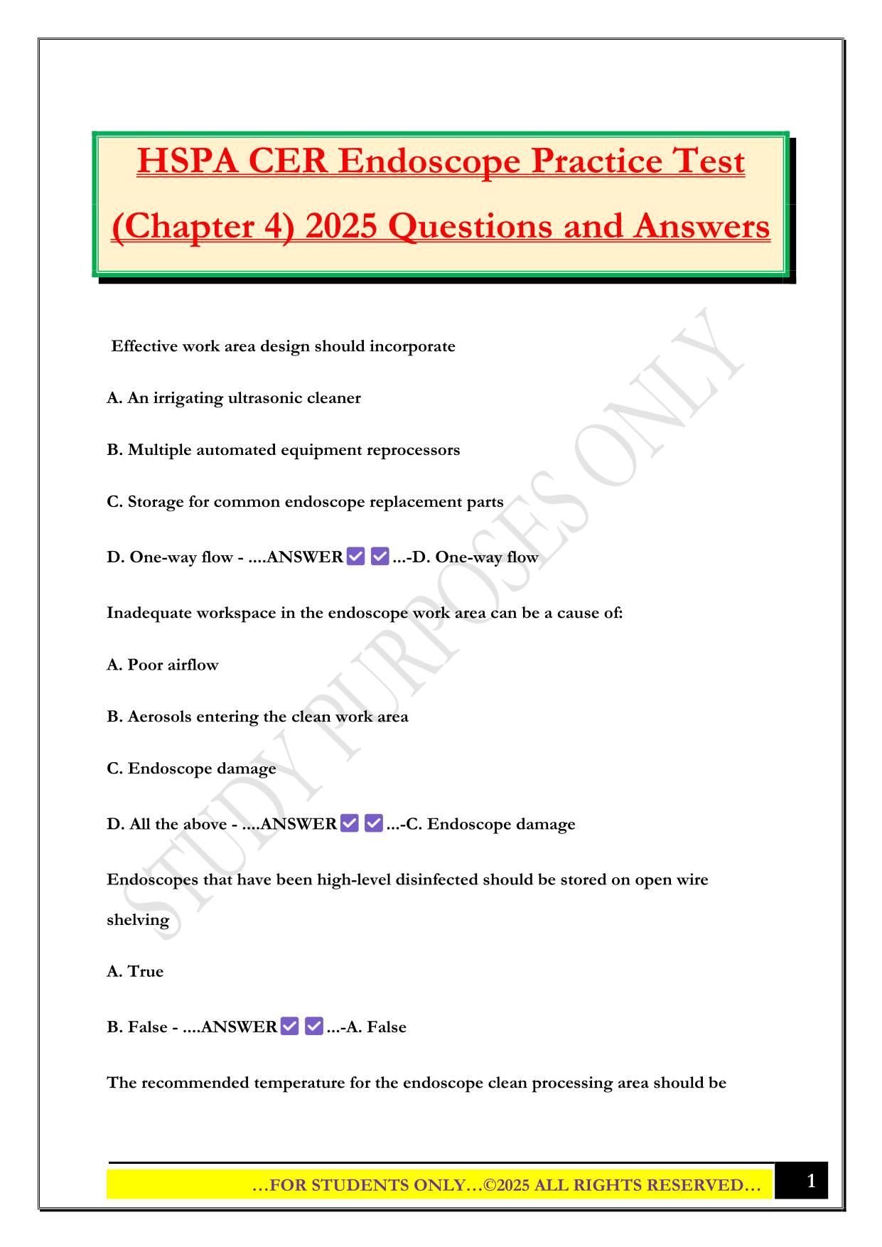 HSPA CER Endoscope Practice Test (Chapter 4) 2025 Questions and Answers