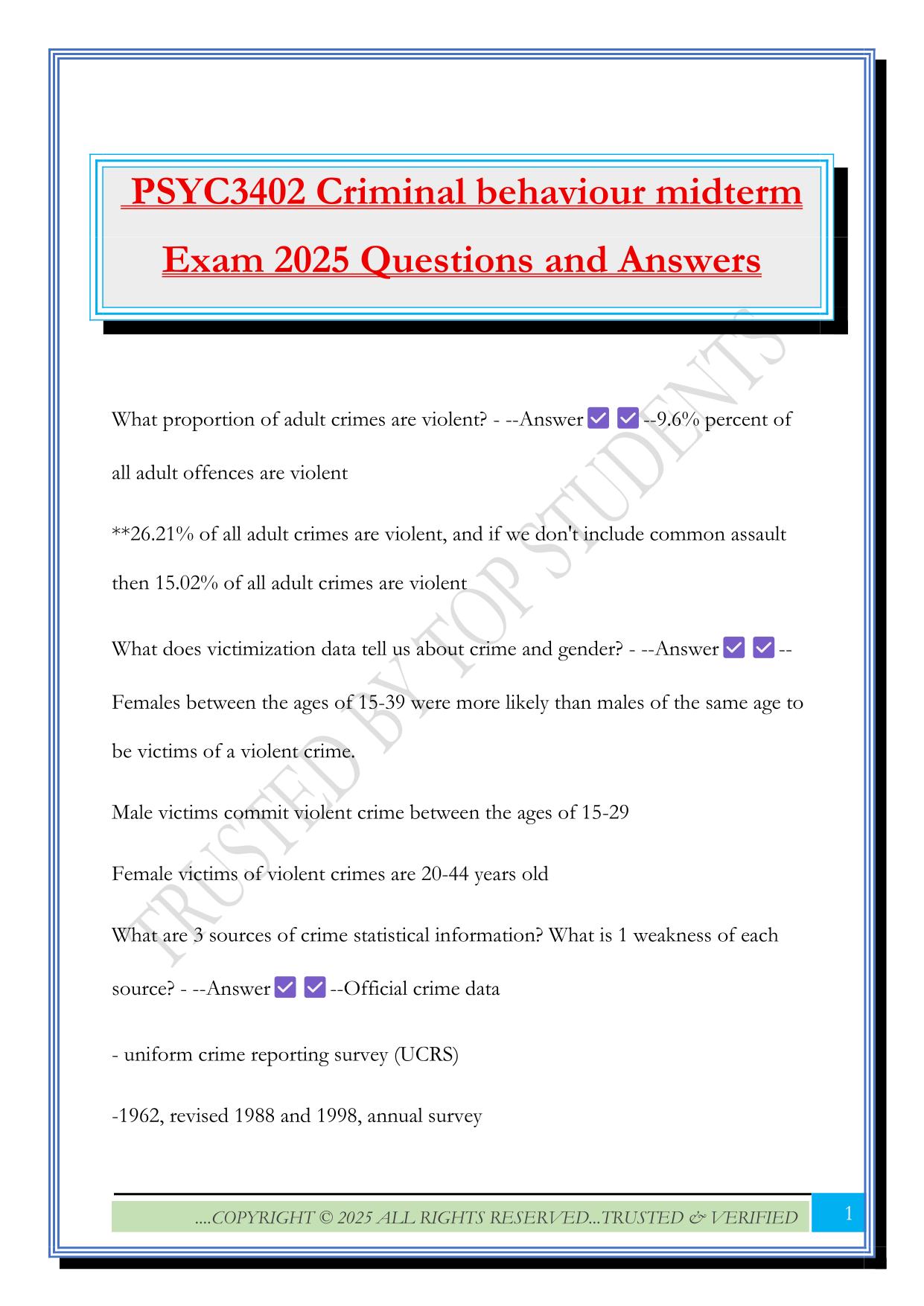 PSYC3402 Criminal behaviour midterm Exam 2025 Questions and Answers