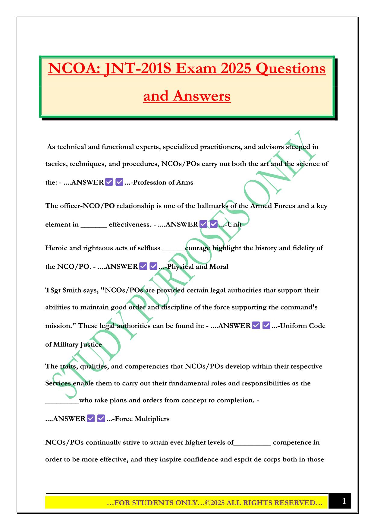 NCOA: JNT-201S Exam 2025 Questions and Answers