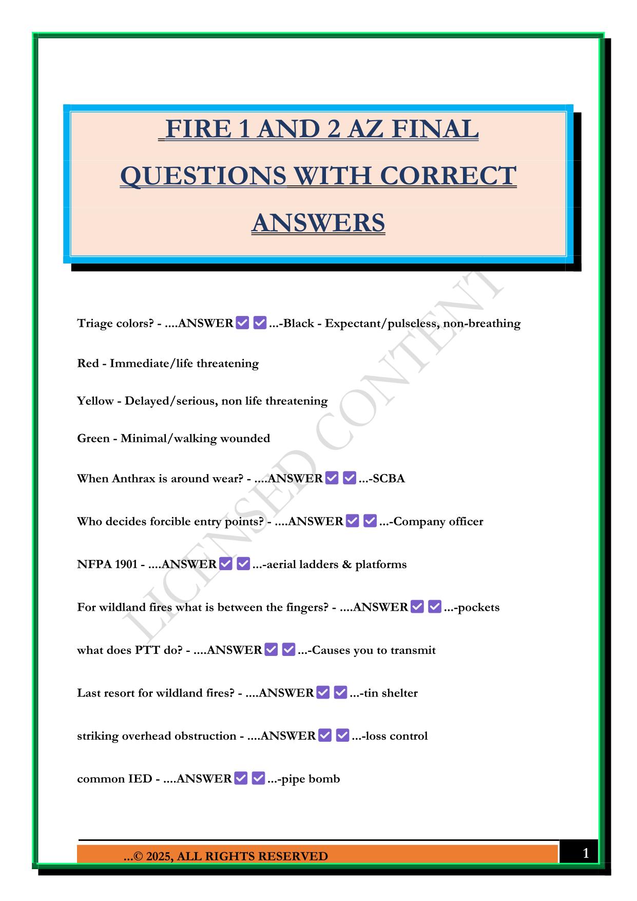 FIRE 1 AND 2 AZ FINAL QUESTIONS WITH CORRECT ANSWERS