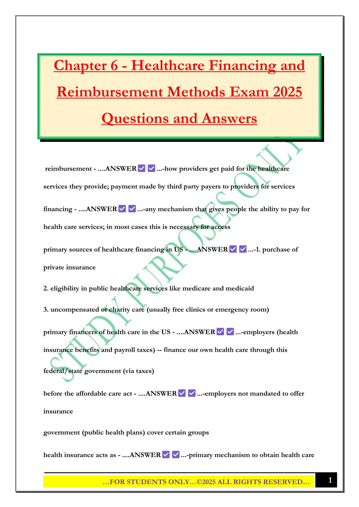Chapter 6 - Healthcare Financing and Reimbursement Methods Exam 2025 Questions and Answers