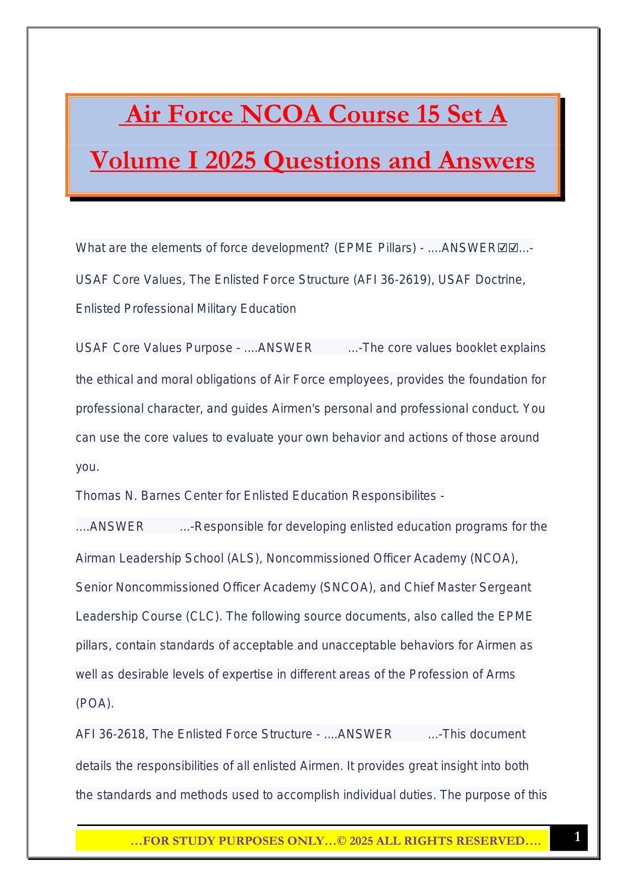 Air Force NCOA Course 15 Set A Volume I 2025 Questions and Answers