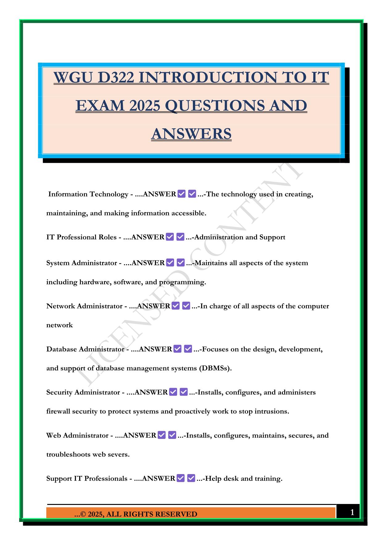 WGU D322 INTRODUCTION TO IT EXAM 2025 QUESTIONS AND ANSWERS