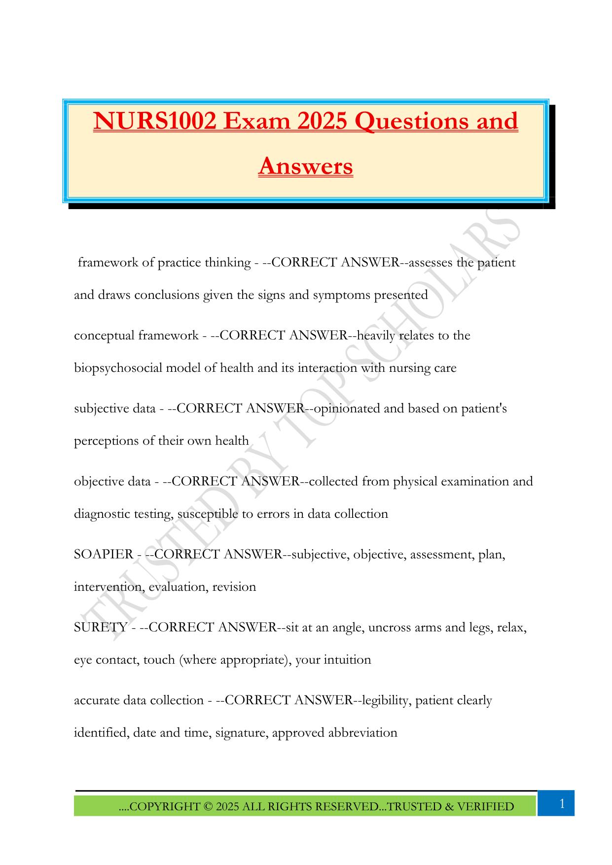NURS1002 Exam 2025 Questions and Answers
