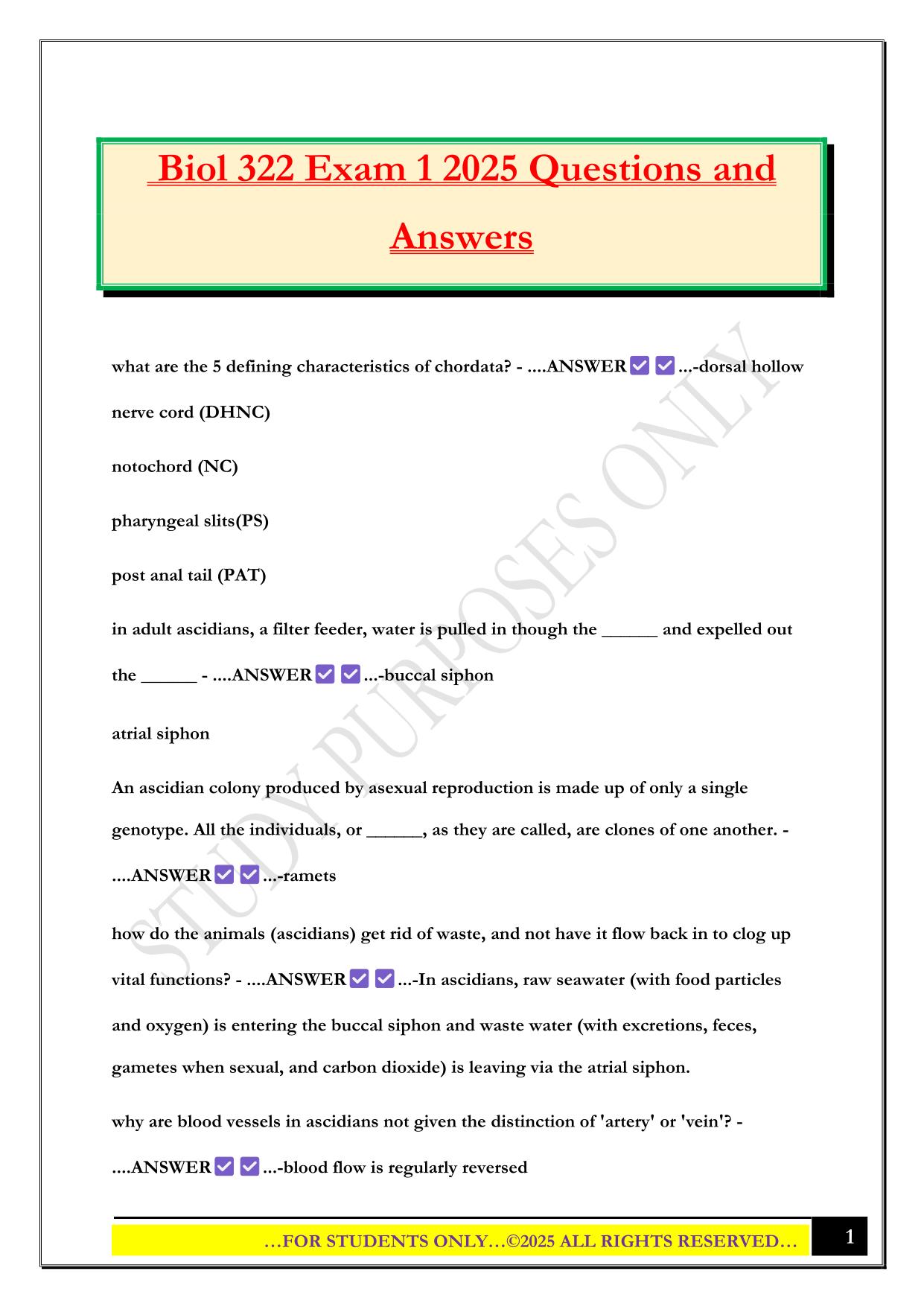 Biol 322 Exam 1 2025 Questions and Answers