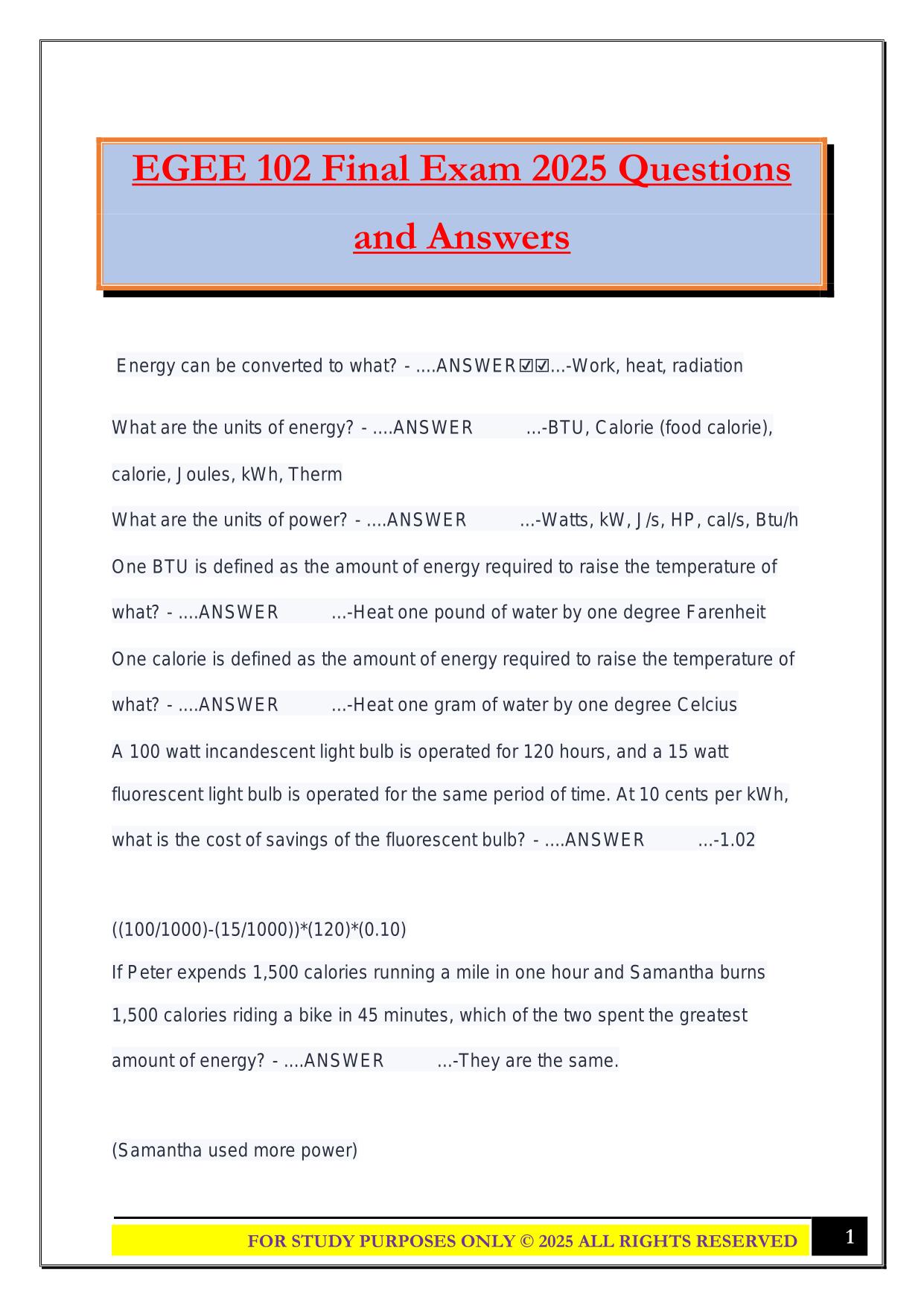 EGEE 102 Final Exam 2025 Questions and Answers