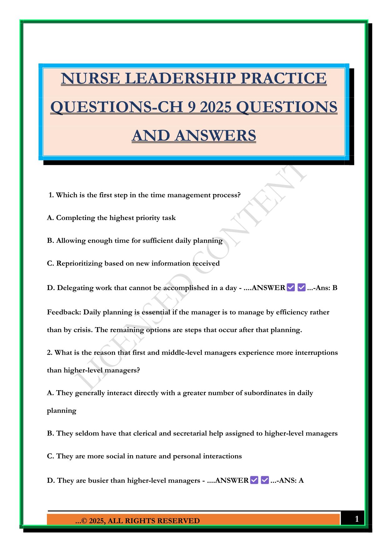 NURSE LEADERSHIP PRACTICE QUESTIONS-CH 9 2025 QUESTIONS AND ANSWERS