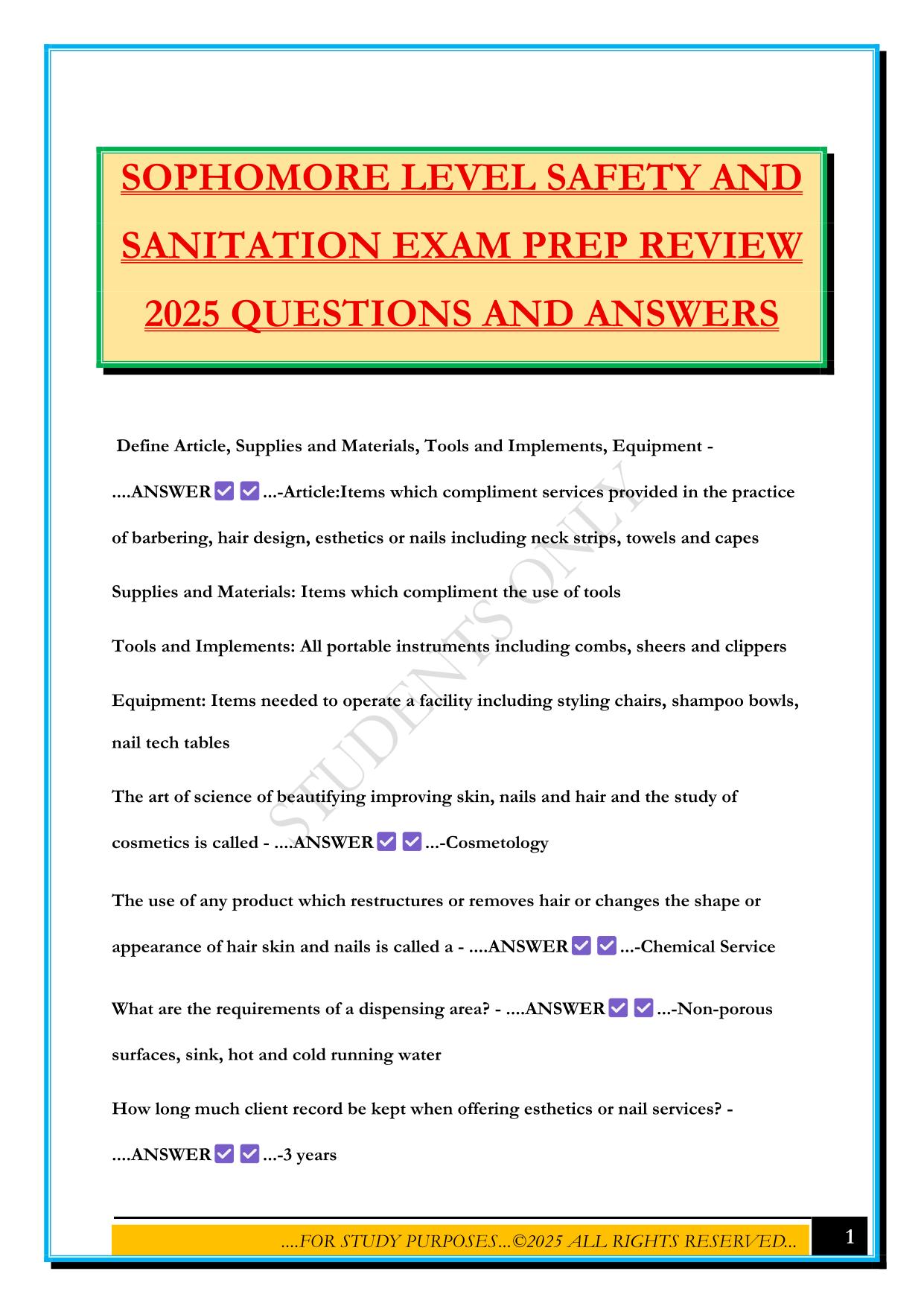 SOPHOMORE LEVEL SAFETY AND SANITATION EXAM PREP REVIEW 2025 QUESTIONS AND ANSWERS