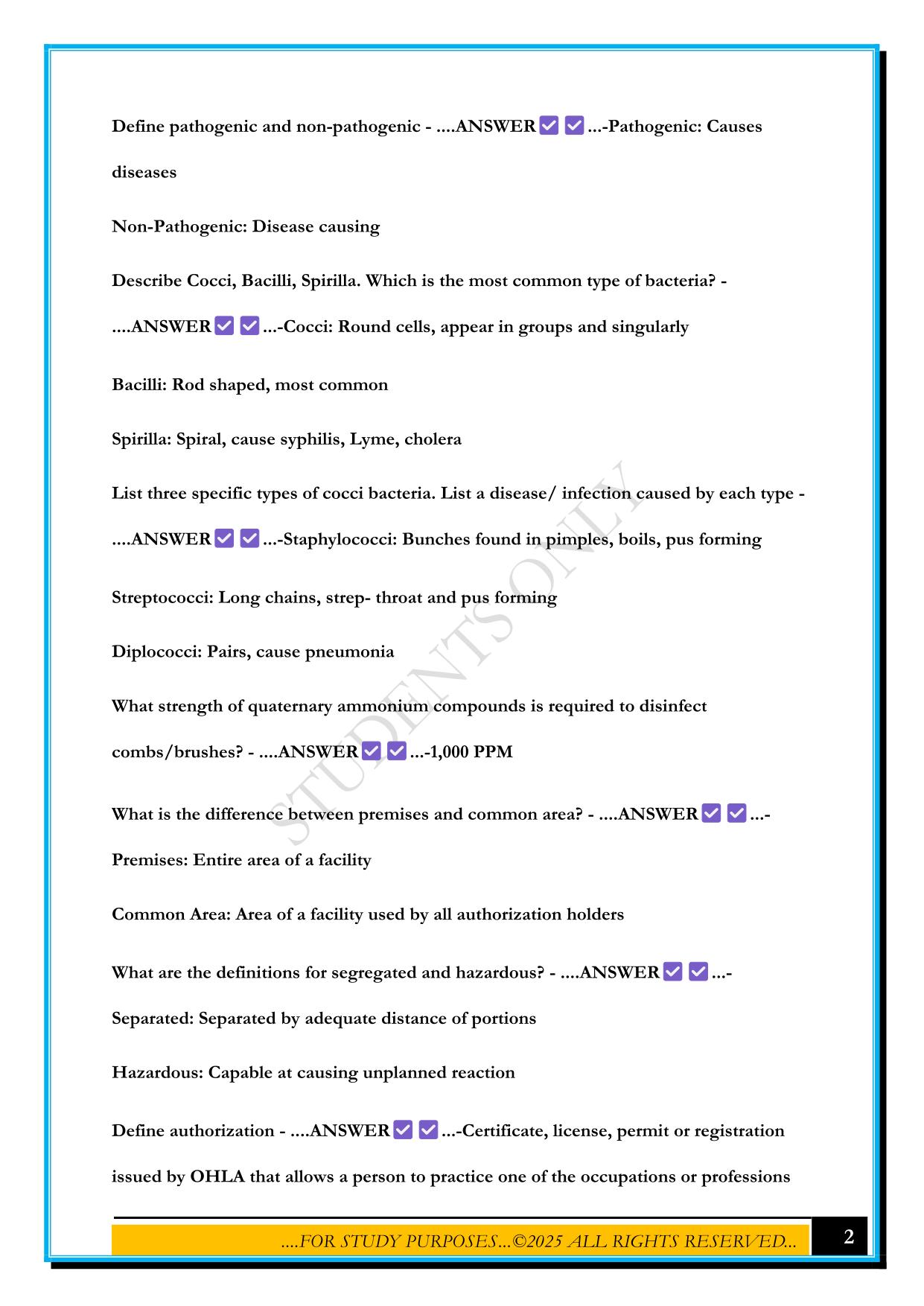 SOPHOMORE LEVEL SAFETY AND SANITATION EXAM PREP REVIEW 2025 QUESTIONS AND ANSWERS