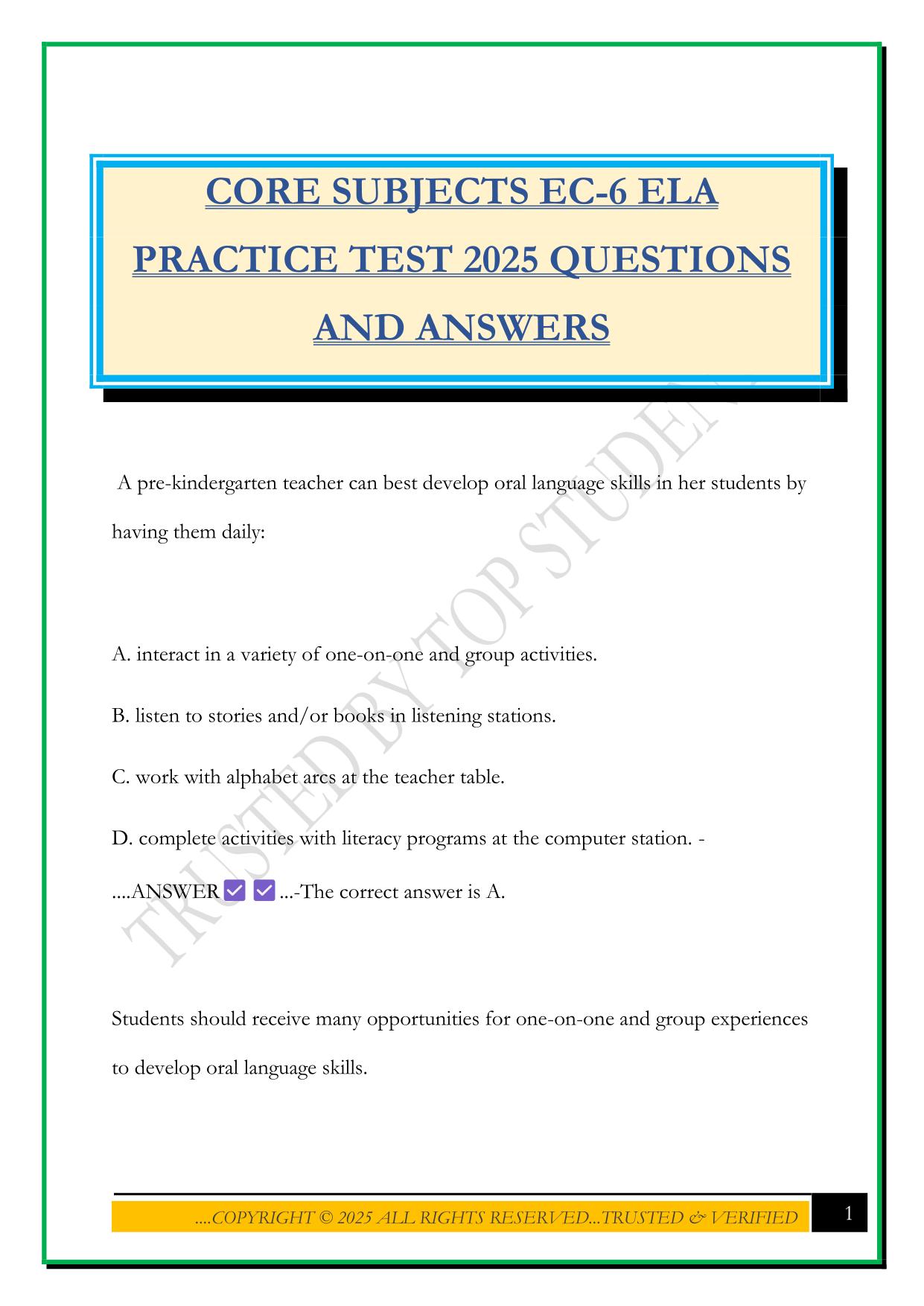 CORE SUBJECTS EC-6 ELA PRACTICE TEST 2025 QUESTIONS AND ANSWERS