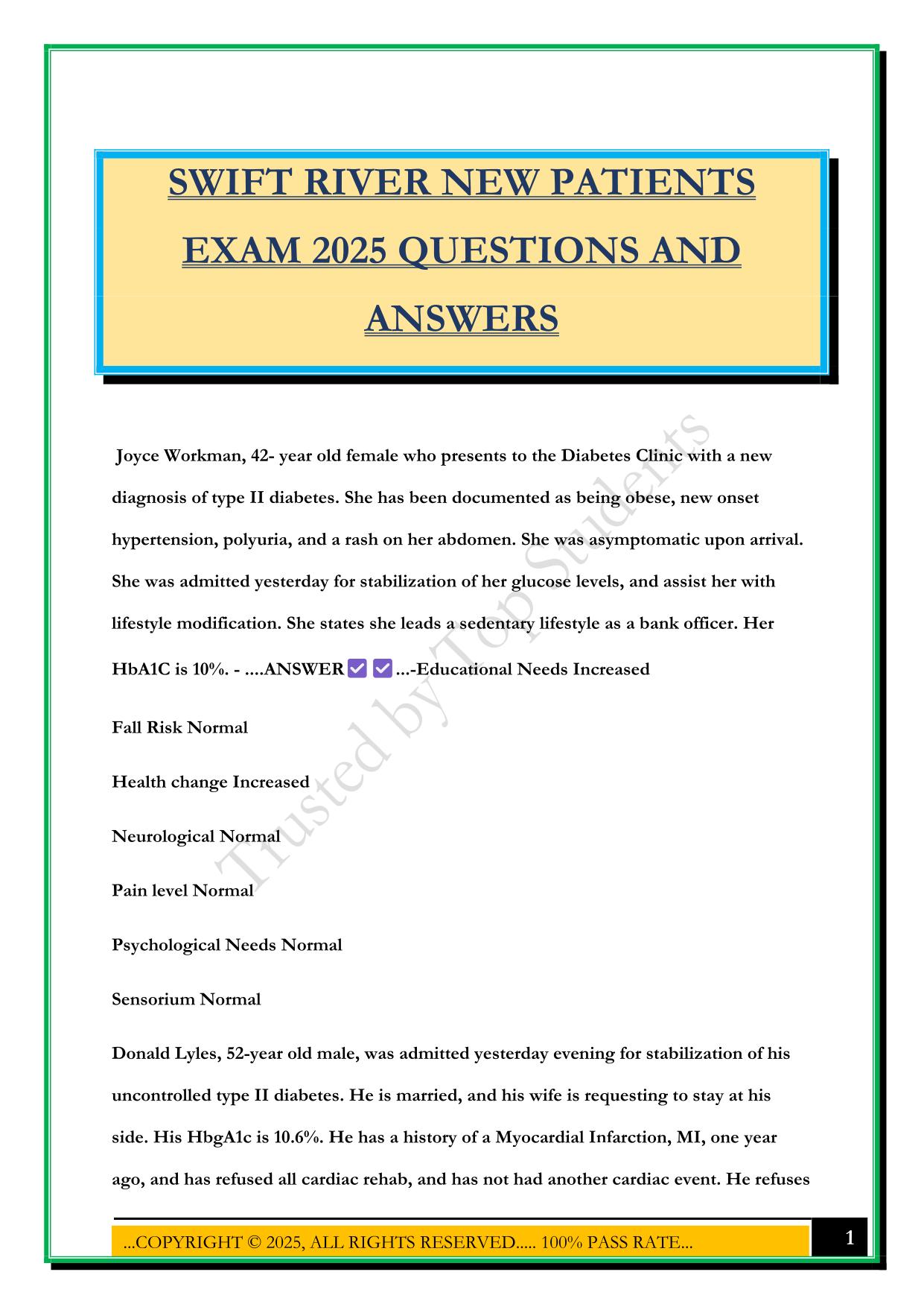 SWIFT RIVER NEW PATIENTS EXAM 2025 QUESTIONS AND ANSWERS