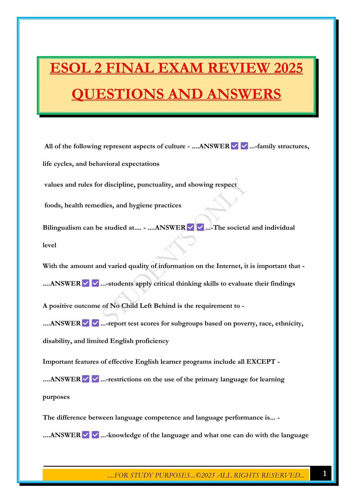 ESOL 2 FINAL EXAM REVIEW 2025 QUESTIONS AND ANSWERS