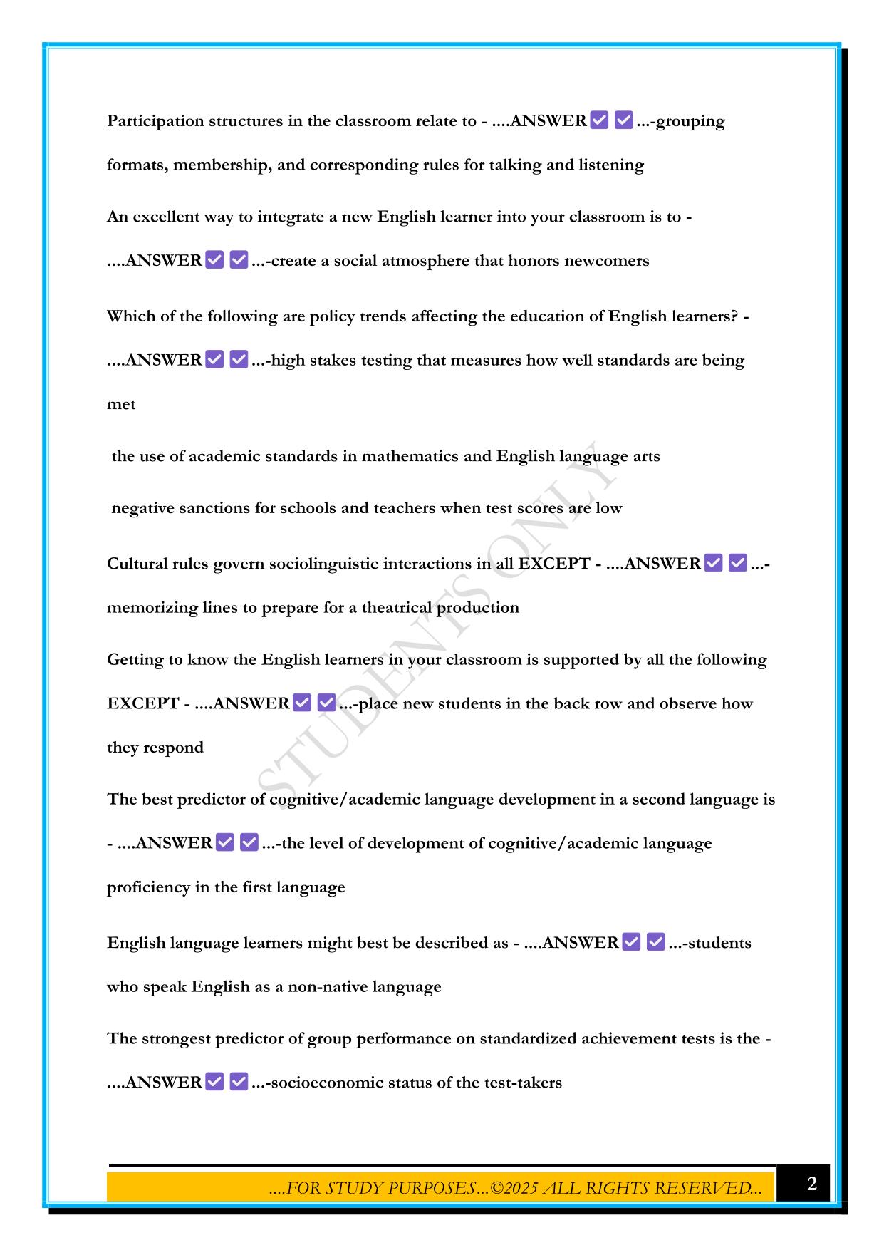 ESOL 2 FINAL EXAM REVIEW 2025 QUESTIONS AND ANSWERS