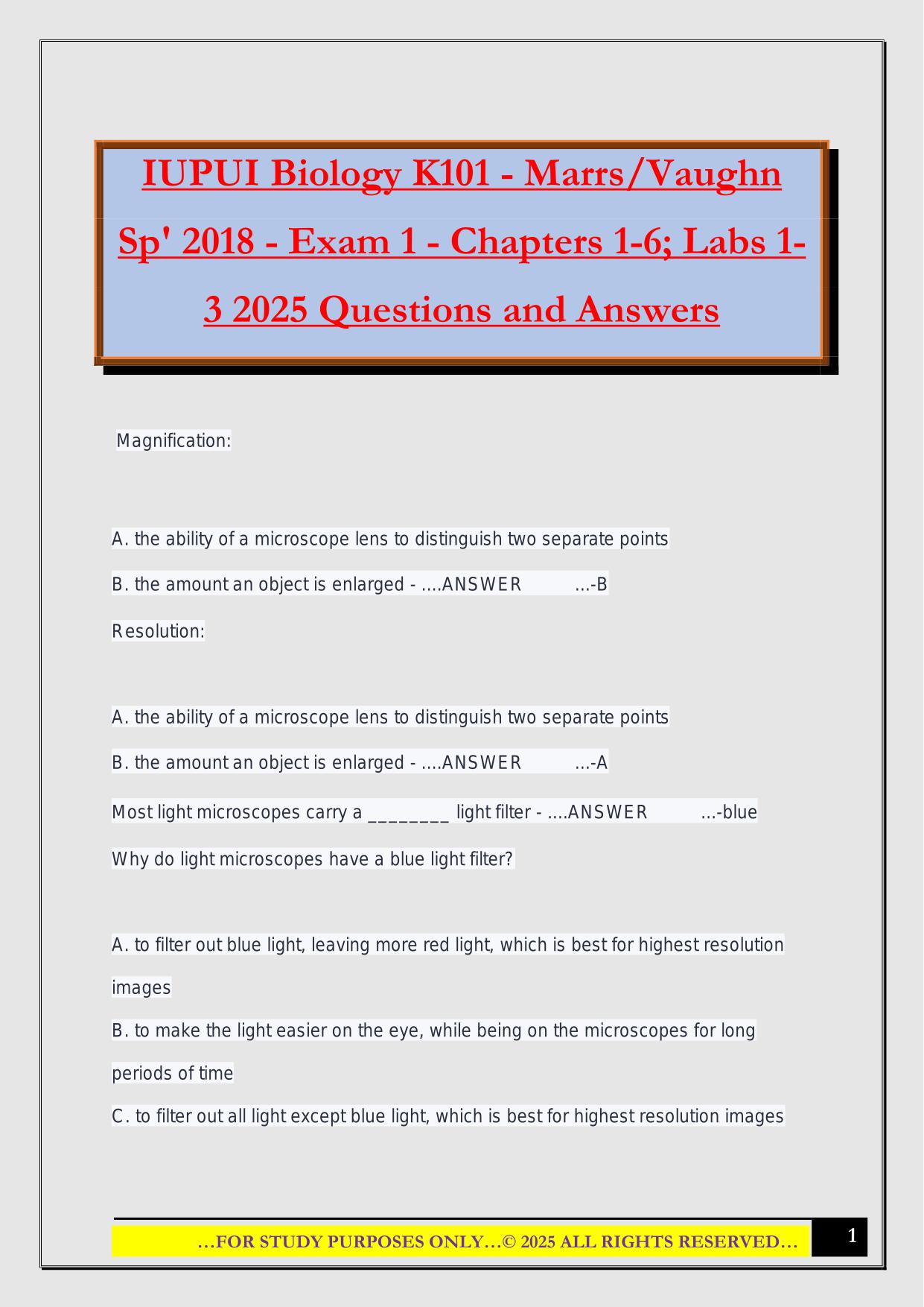 IUPUI Biology K101 - Marrs/Vaughn Sp' 2018 - Exam 1 - Chapters 1-6; Labs 1- 3 2025 Questions and Answers