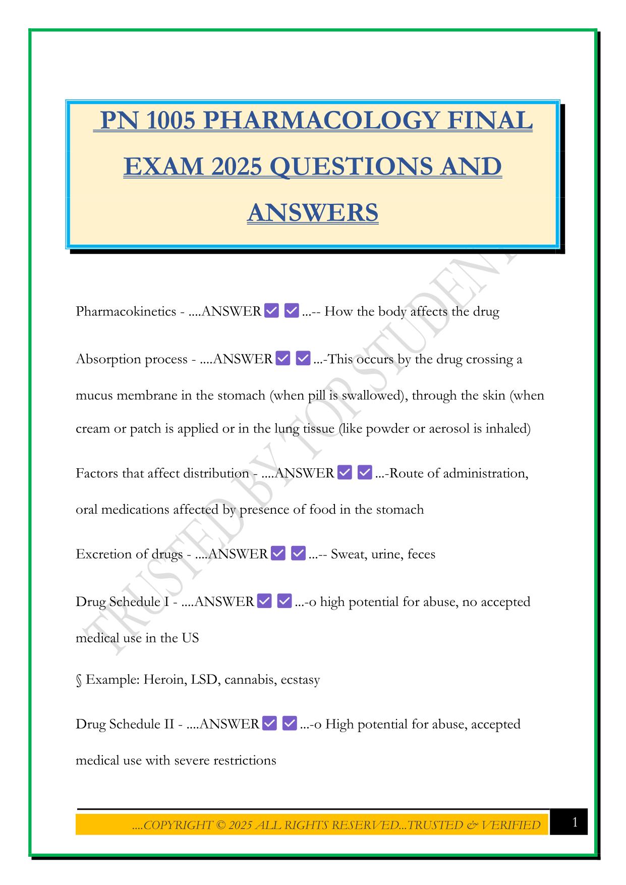 PN 1005 PHARMACOLOGY FINAL EXAM 2025 QUESTIONS AND ANSWERS
