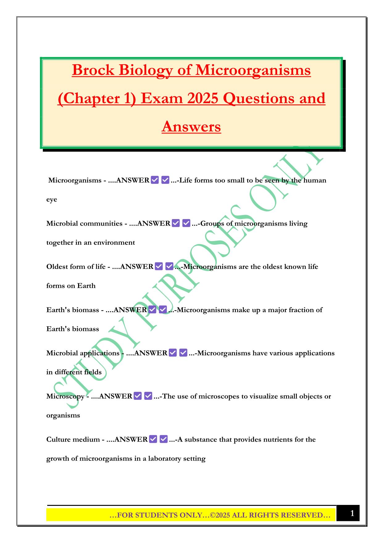 Brock Biology of Microorganisms (Chapter 1) Exam 2025 Questions and Answers