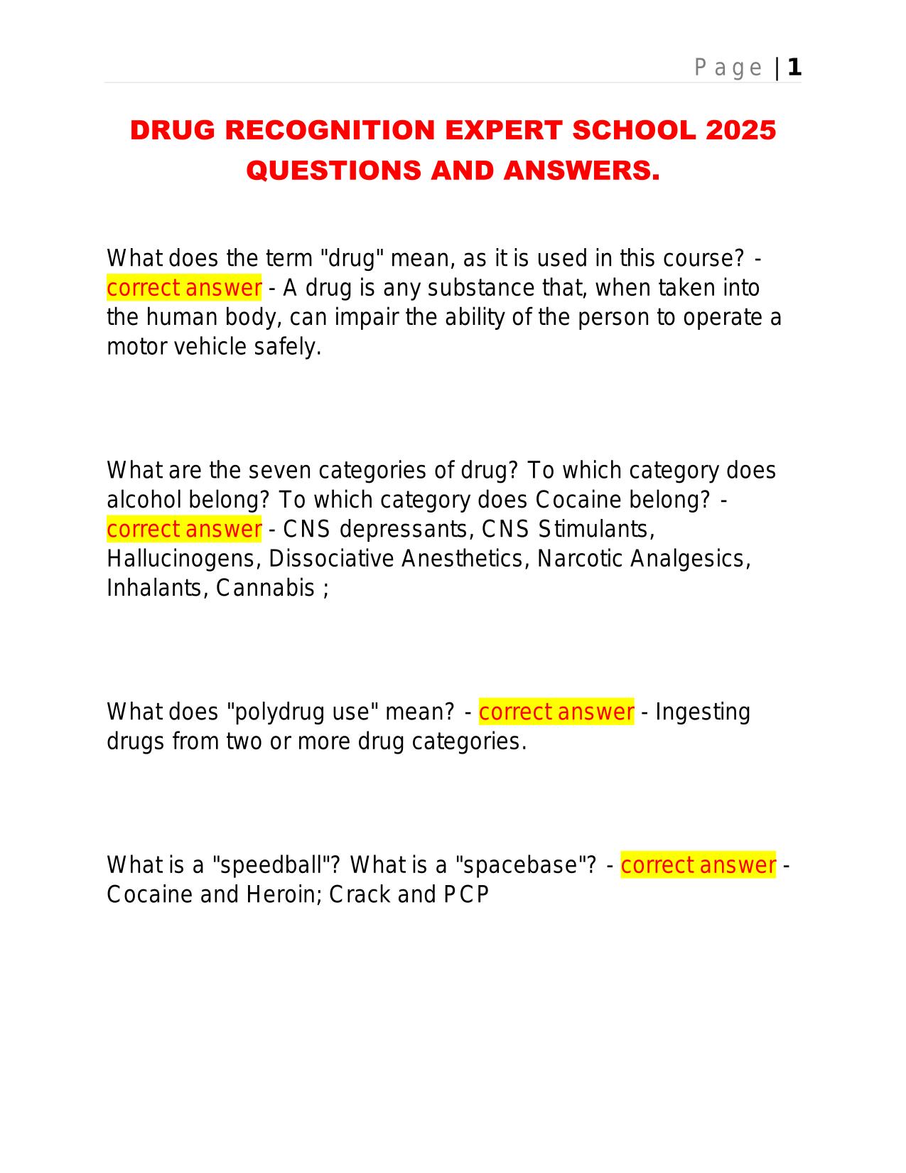 DRUG RECOGNITION EXPERT SCHOOL 2025 QUESTIONS AND ANSWERS.