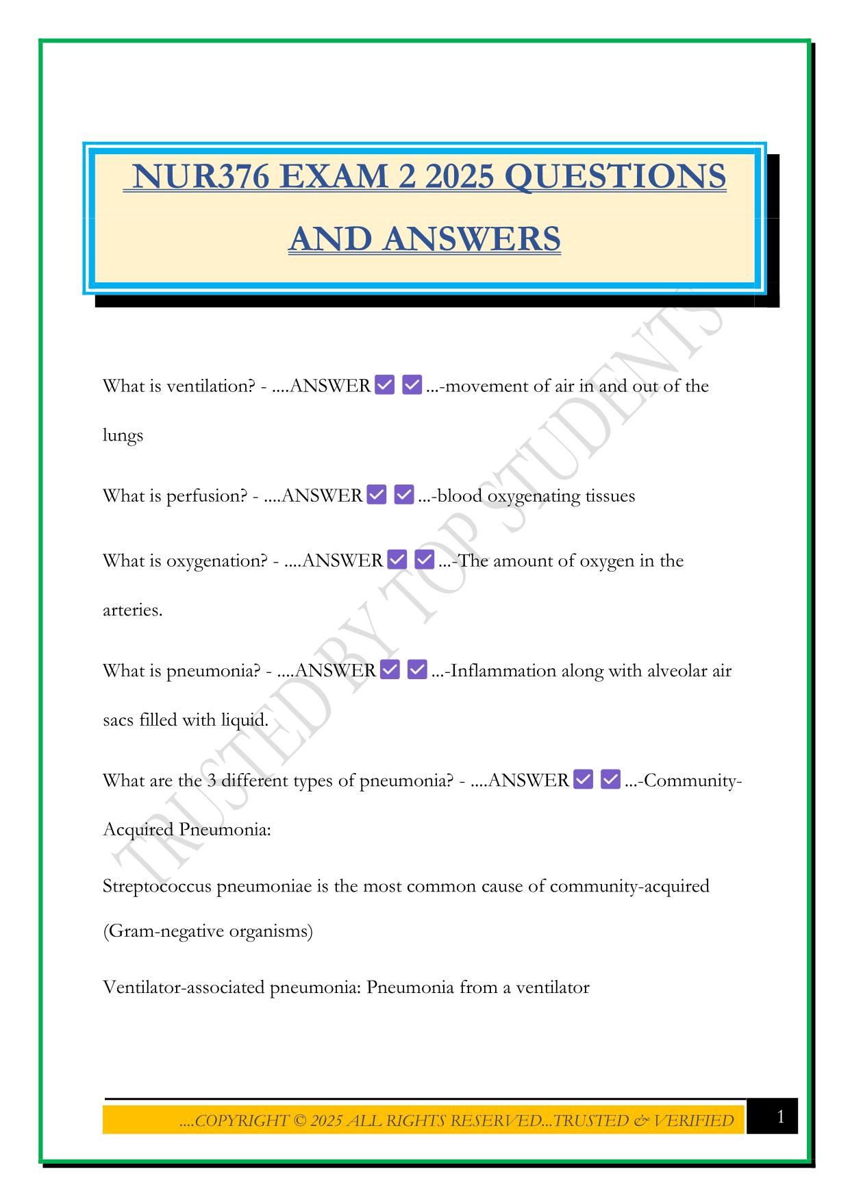 NUR376 EXAM 2 2025 QUESTIONS AND ANSWERS