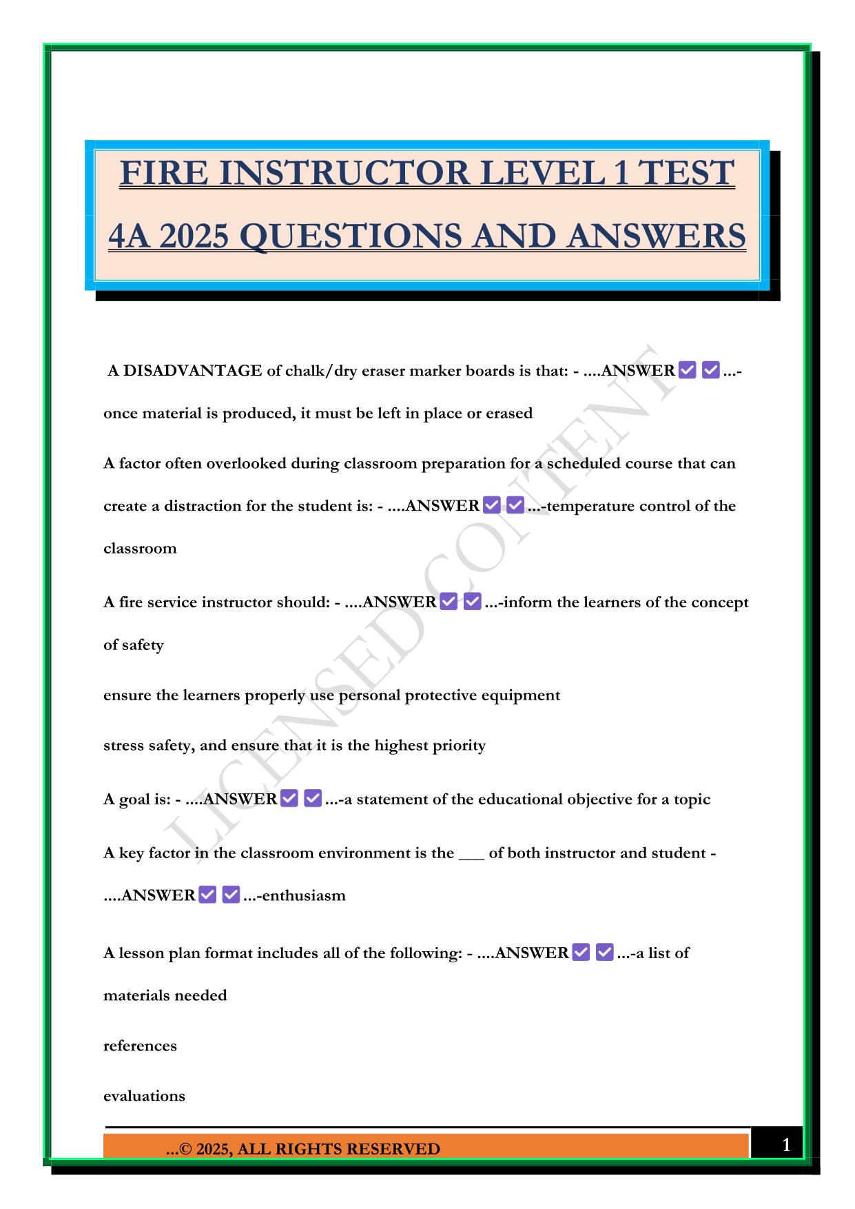 FIRE INSTRUCTOR LEVEL 1 TEST 4A 2025 QUESTIONS AND ANSWERS