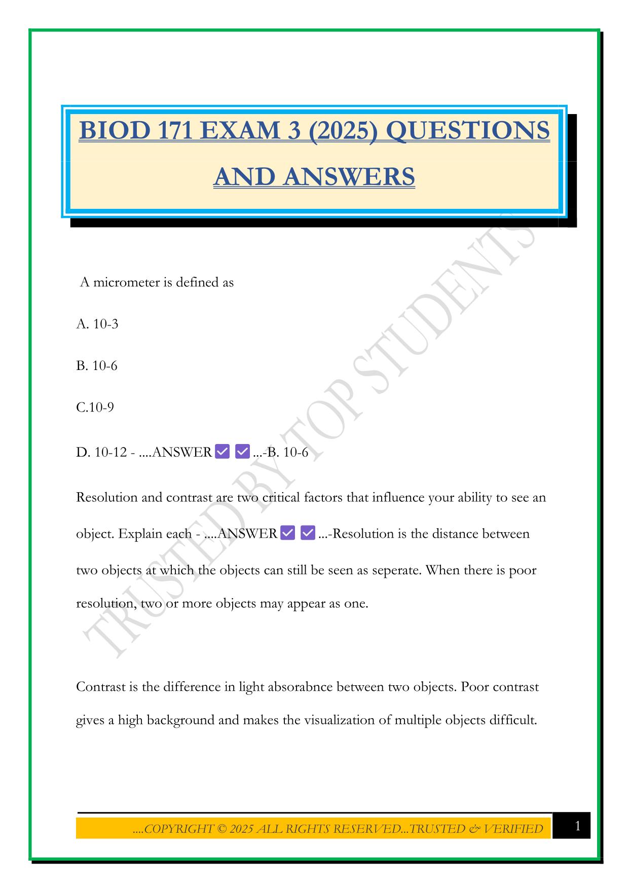 BIOD 171 EXAM 3 (2025) QUESTIONS AND ANSWERS