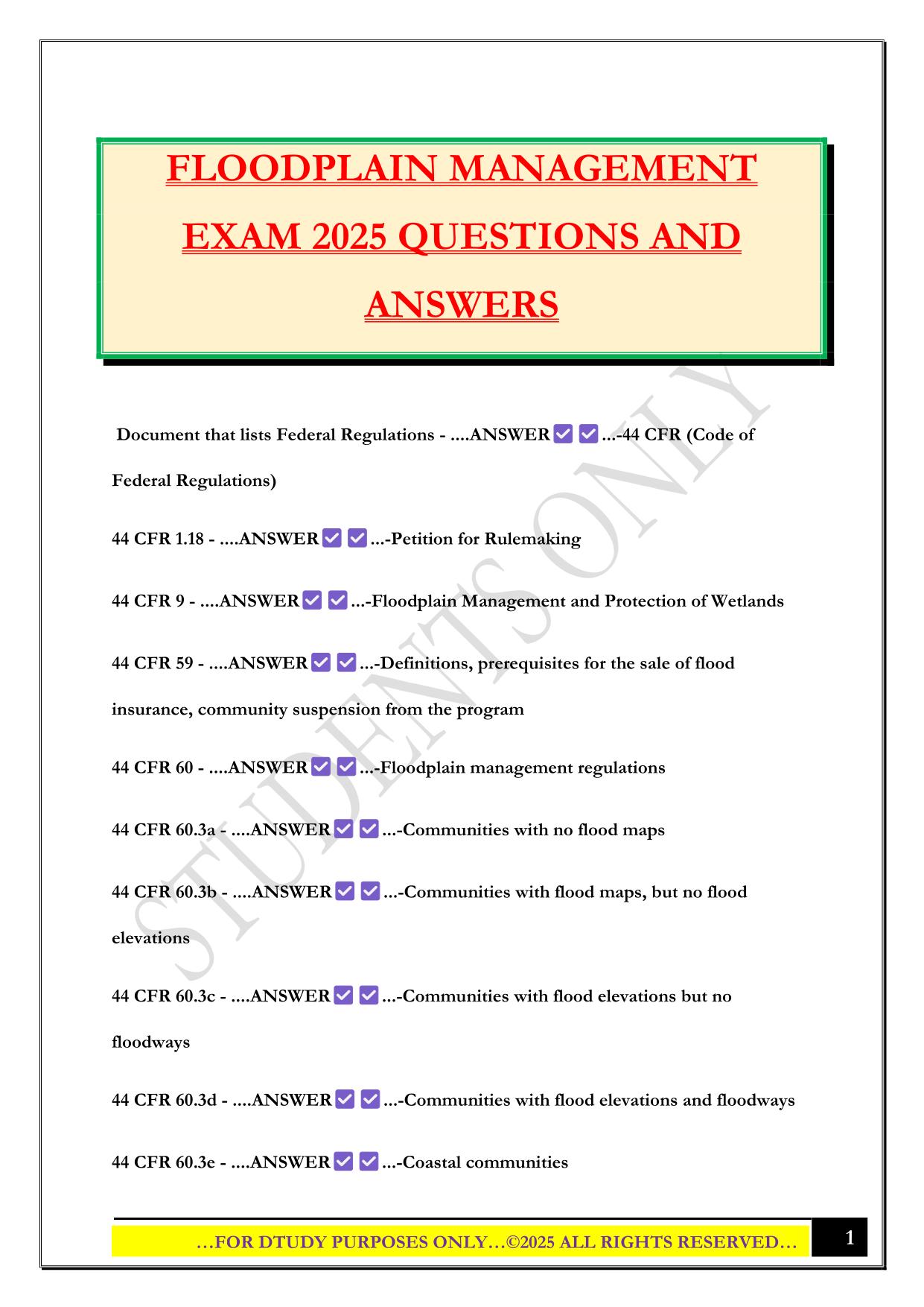 FLOODPLAIN MANAGEMENT EXAM 2025 QUESTIONS AND ANSWERS