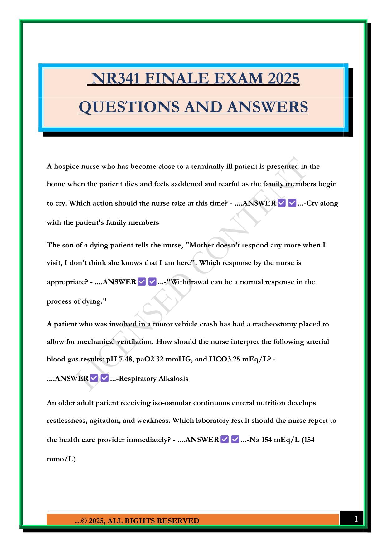 NR341 FINALE EXAM 2025 QUESTIONS AND ANSWERS